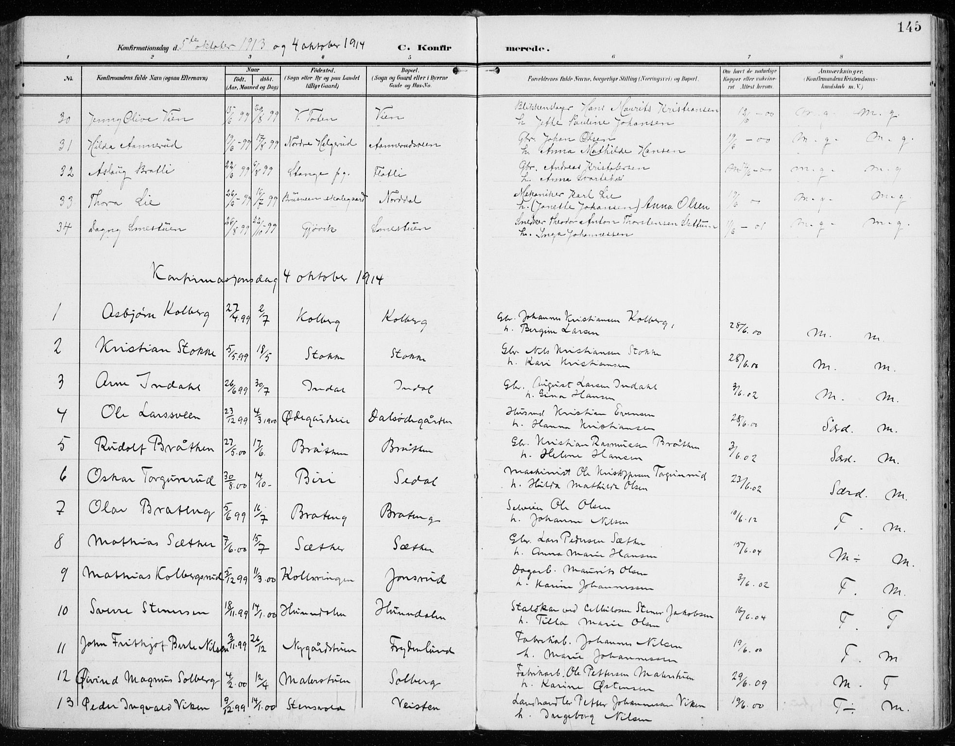 Vardal prestekontor, AV/SAH-PREST-100/H/Ha/Haa/L0016: Parish register (official) no. 16, 1904-1916, p. 145