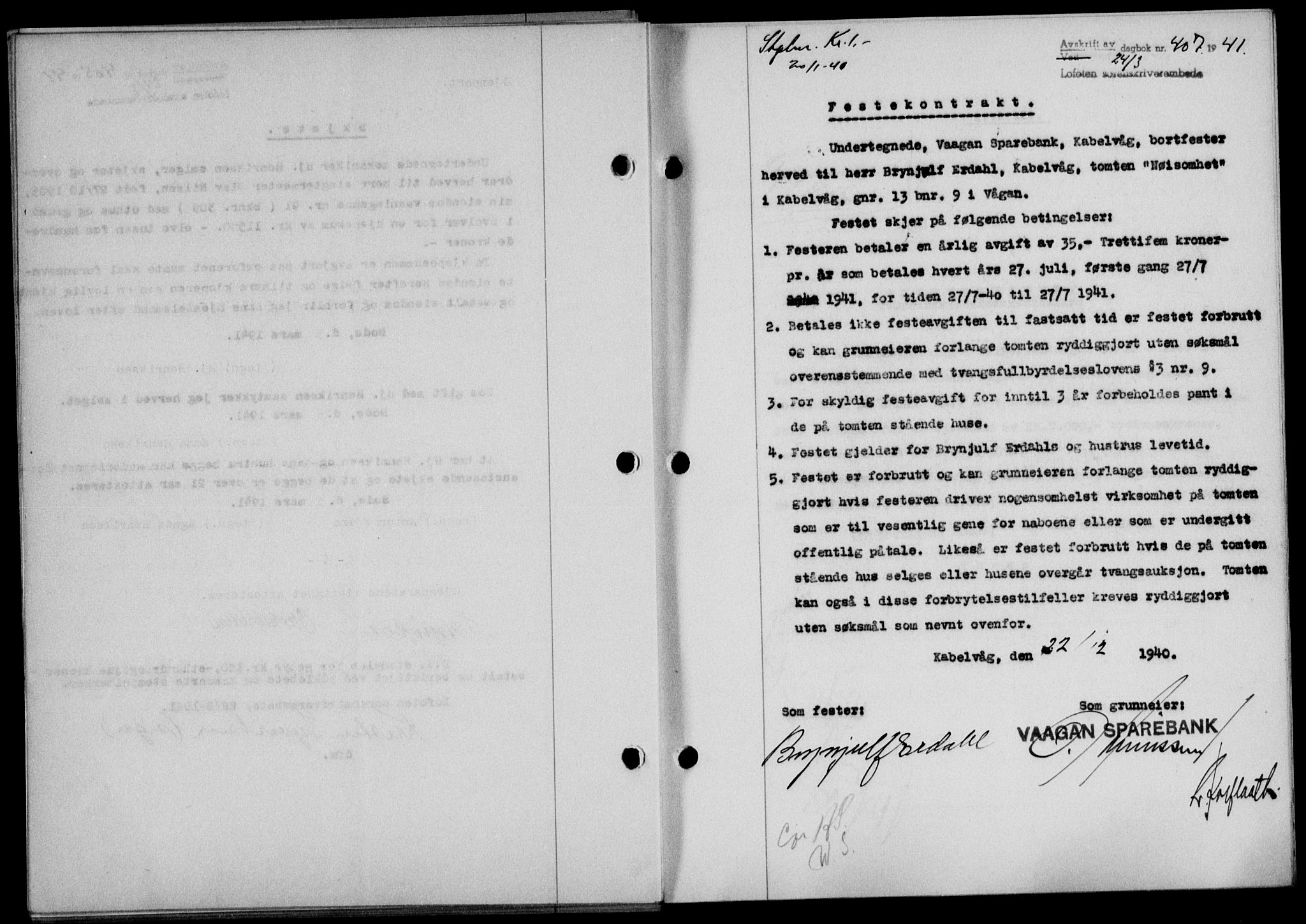 Lofoten sorenskriveri, SAT/A-0017/1/2/2C/L0008a: Mortgage book no. 8a, 1940-1941, Diary no: : 407/1941