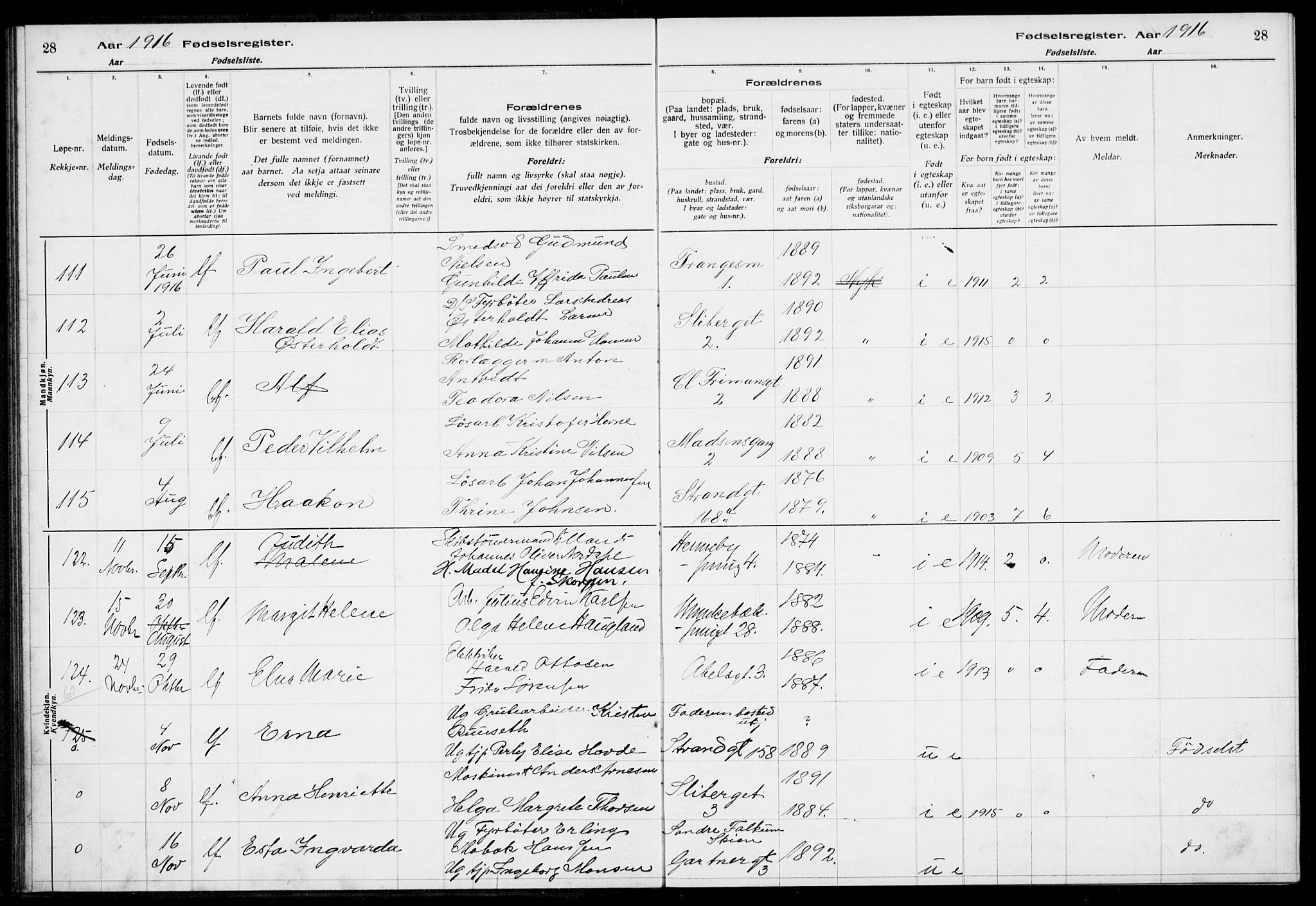 Nykirken Sokneprestembete, AV/SAB-A-77101/I/Id/L00A1: Birth register no. A 1, 1916-1922, p. 28