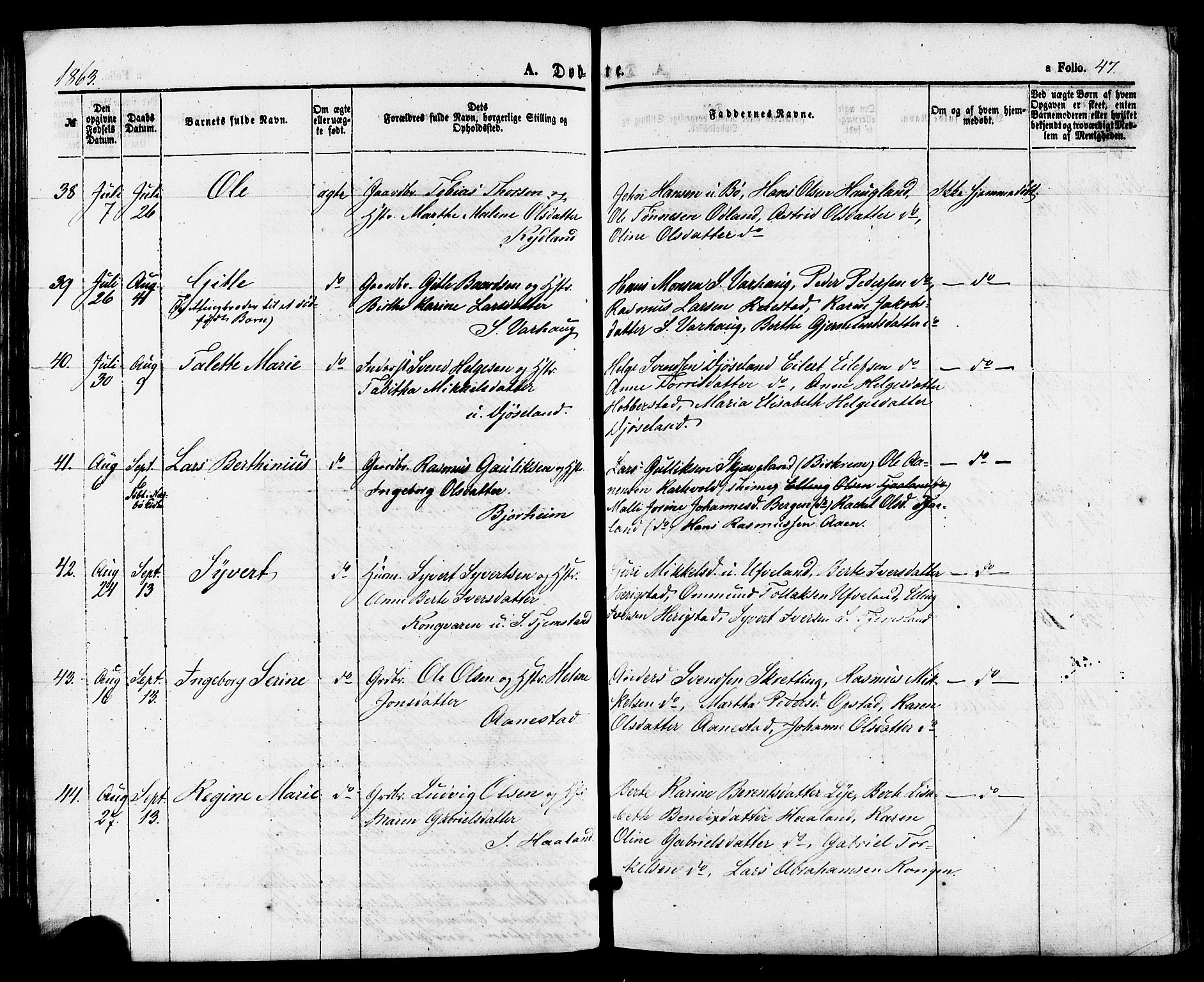 Hå sokneprestkontor, AV/SAST-A-101801/001/30BA/L0009: Parish register (official) no. A 8, 1855-1878, p. 47