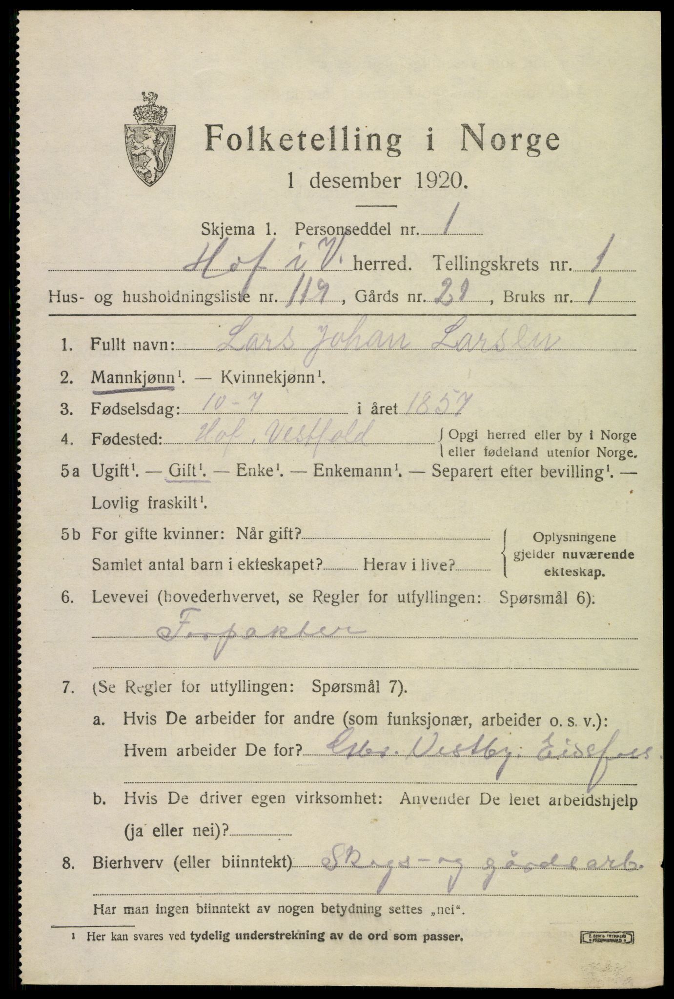 SAKO, 1920 census for Hof, 1920, p. 2357