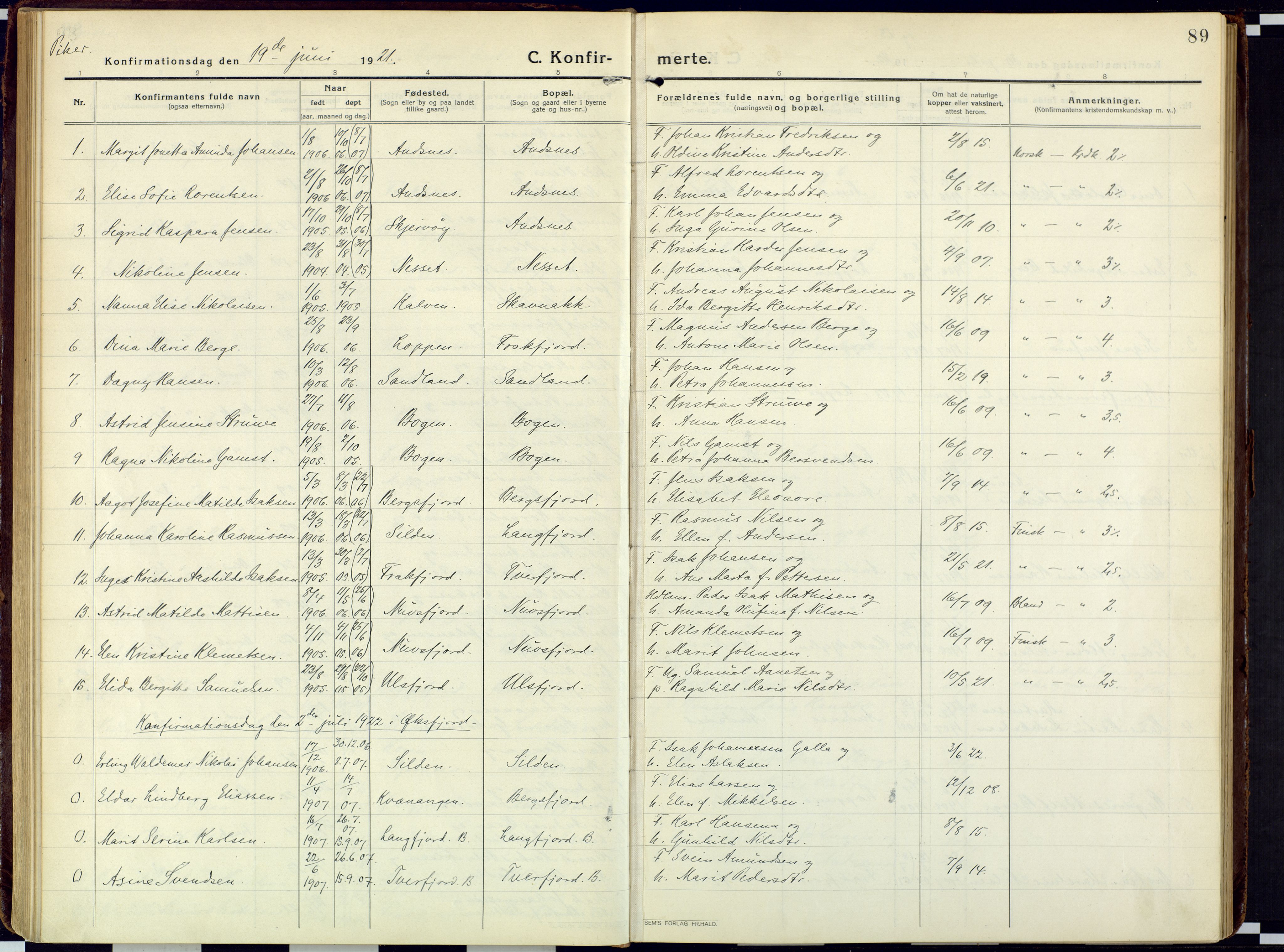 Loppa sokneprestkontor, AV/SATØ-S-1339/H/Ha/L0013kirke: Parish register (official) no. 13, 1920-1932, p. 89