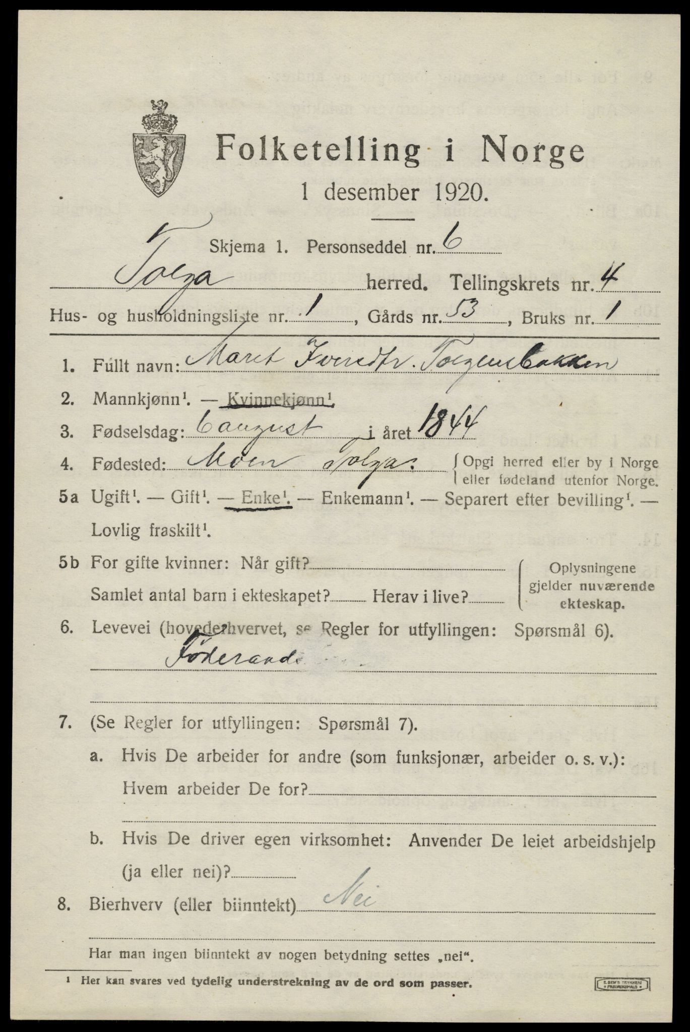 SAH, 1920 census for Tolga, 1920, p. 2599