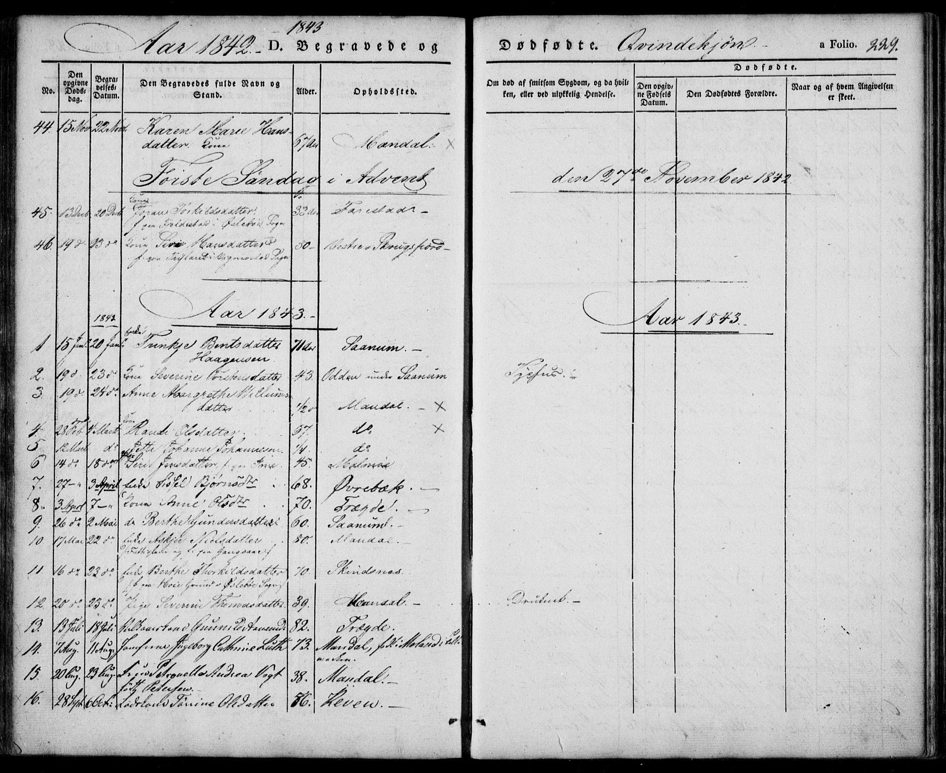 Mandal sokneprestkontor, SAK/1111-0030/F/Fa/Faa/L0012: Parish register (official) no. A 12, 1840-1847, p. 229