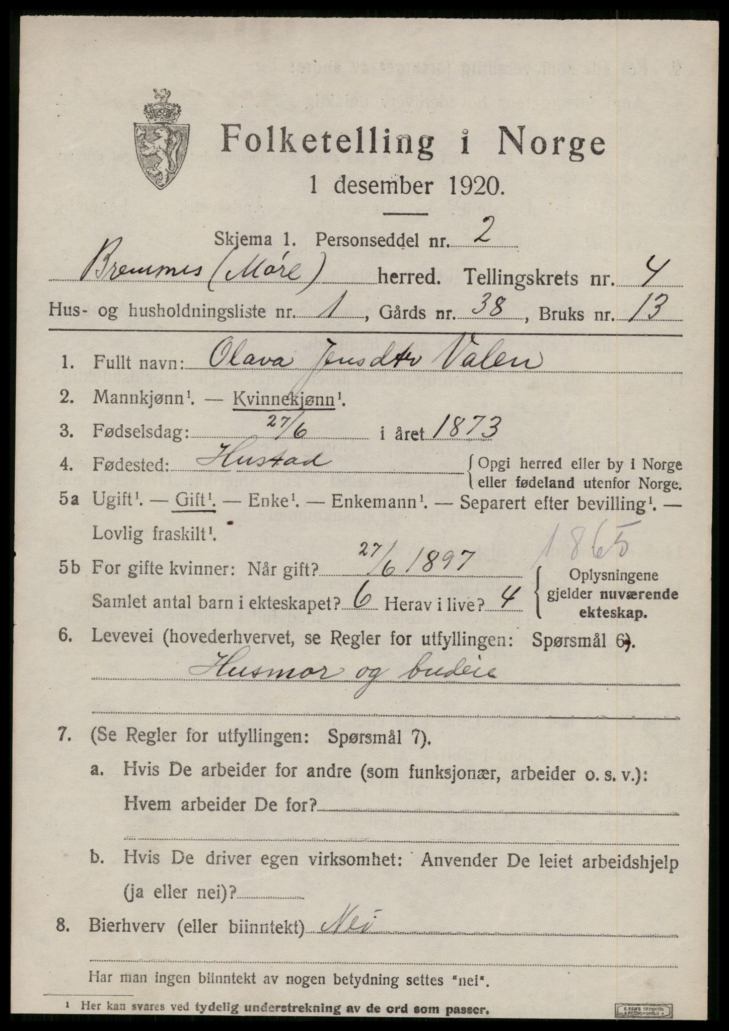 SAT, 1920 census for Bremsnes, 1920, p. 4235