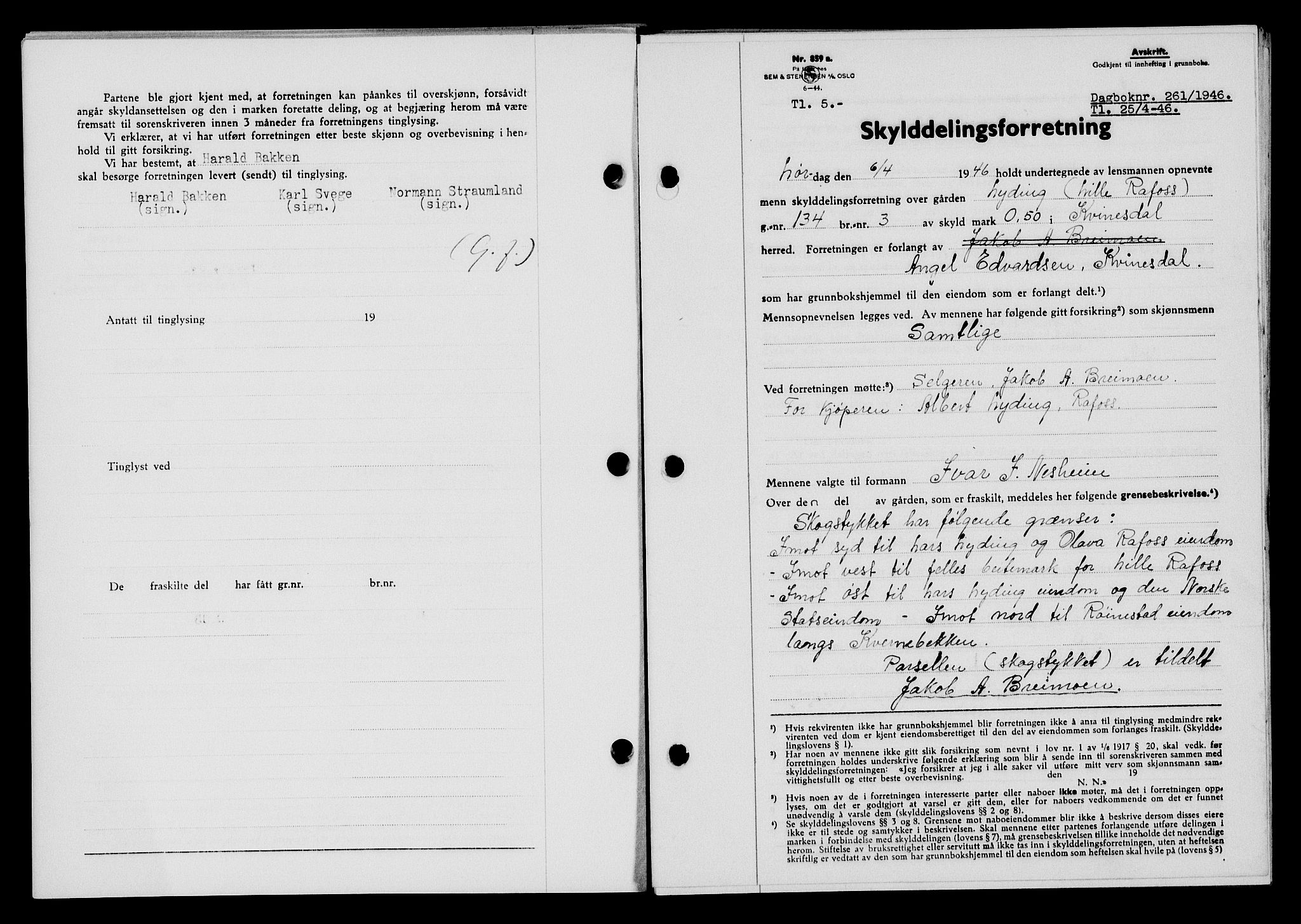 Flekkefjord sorenskriveri, SAK/1221-0001/G/Gb/Gba/L0060: Mortgage book no. A-8, 1945-1946, Diary no: : 261/1946