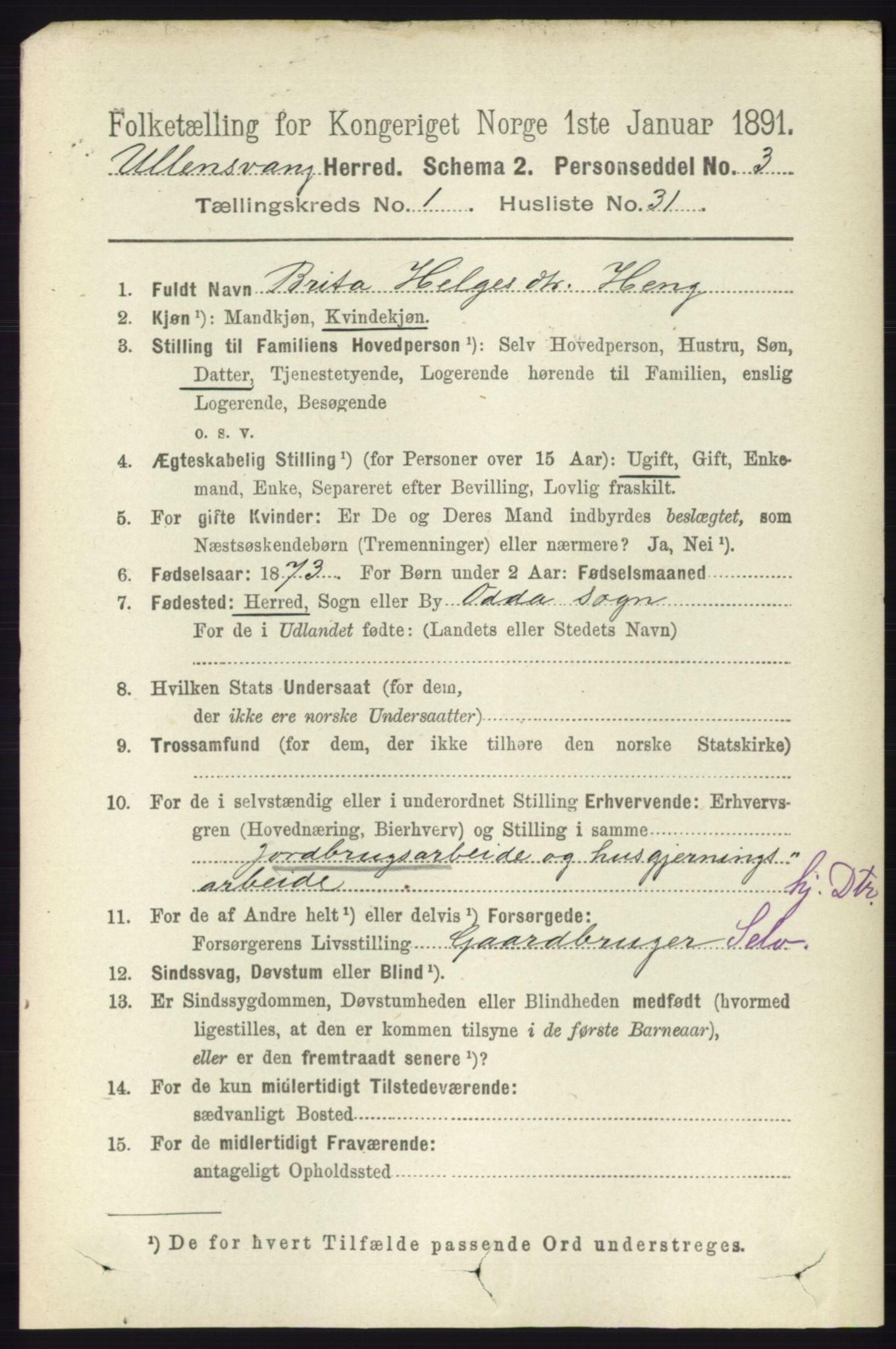 RA, 1891 census for 1230 Ullensvang, 1891, p. 267