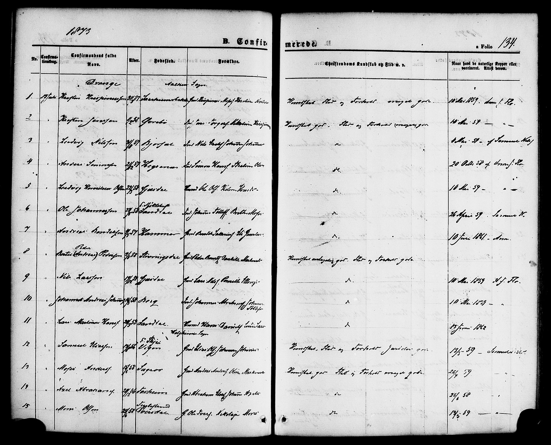 Jølster sokneprestembete, SAB/A-80701/H/Haa/Haaa/L0011: Parish register (official) no. A 11, 1866-1881, p. 134