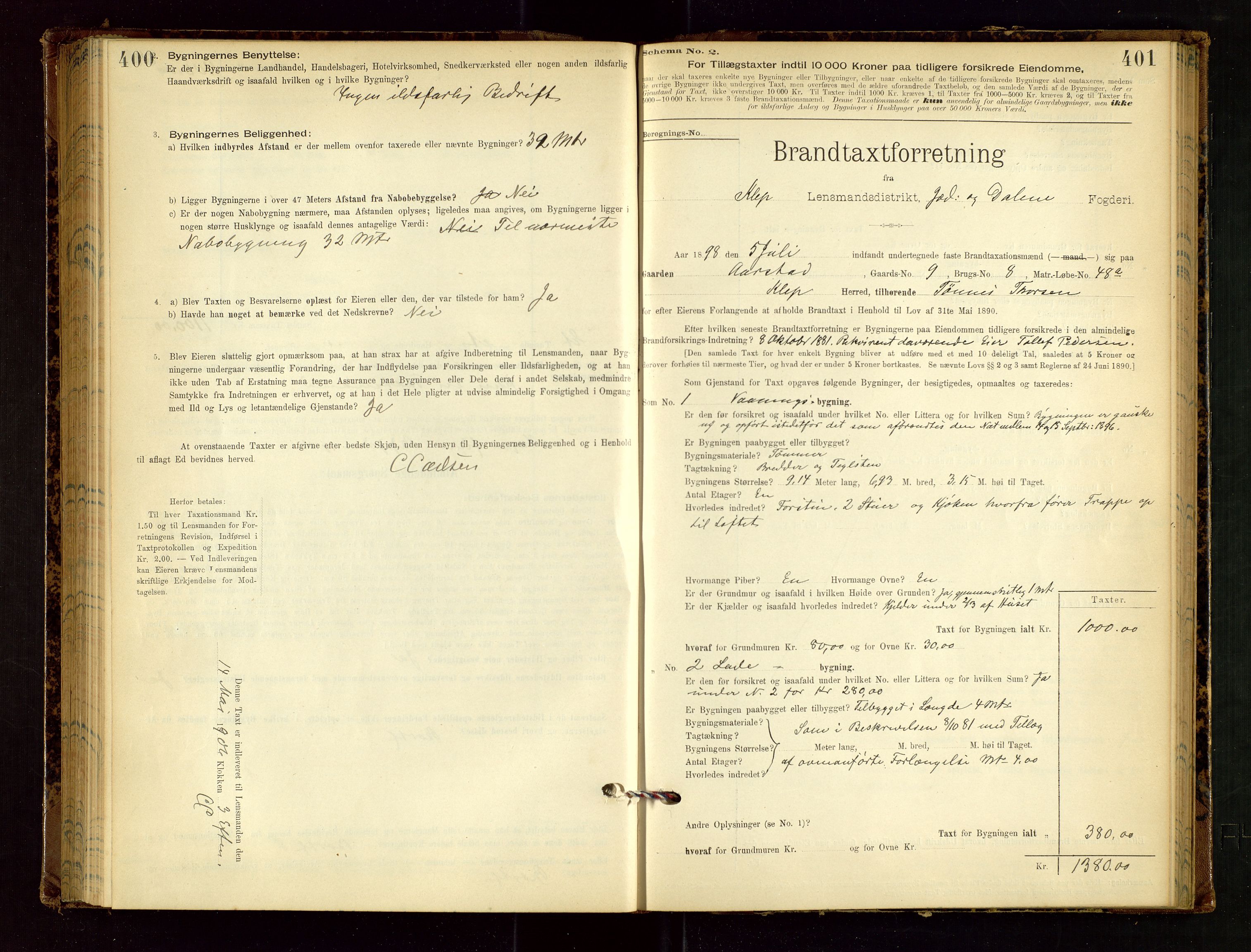 Klepp lensmannskontor, SAST/A-100163/Goc/L0002: "Brandtaxationsprotokol" m/register, 1898-1902, p. 400-401