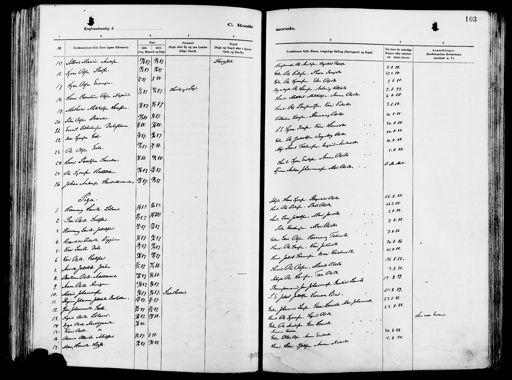 Vågå prestekontor, SAH/PREST-076/H/Ha/Haa/L0008: Parish register (official) no. 8, 1886-1904, p. 103