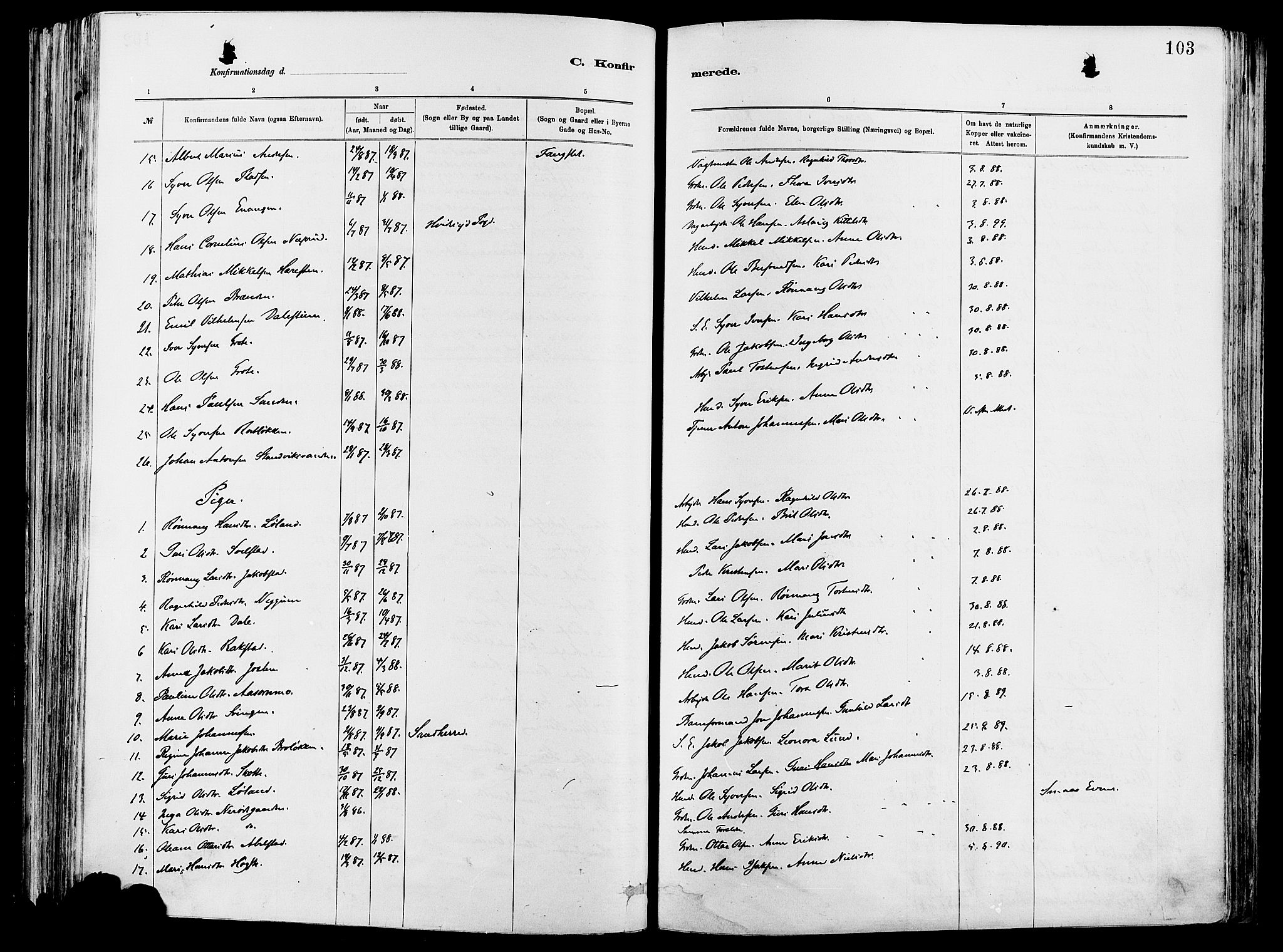 Vågå prestekontor, AV/SAH-PREST-076/H/Ha/Haa/L0008: Parish register (official) no. 8, 1886-1904, p. 103