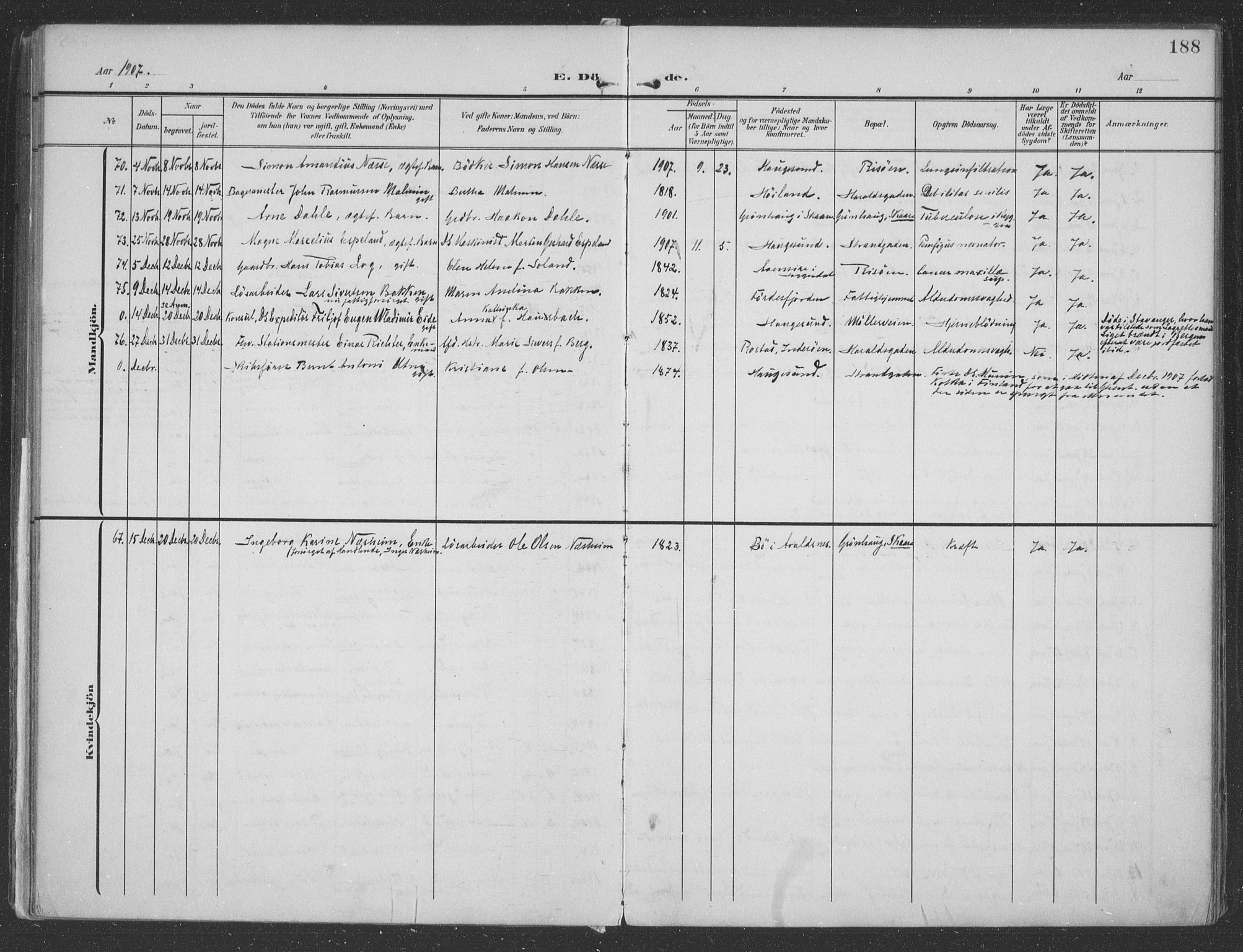 Haugesund sokneprestkontor, AV/SAST-A -101863/H/Ha/Haa/L0007: Parish register (official) no. A 7, 1904-1916, p. 188