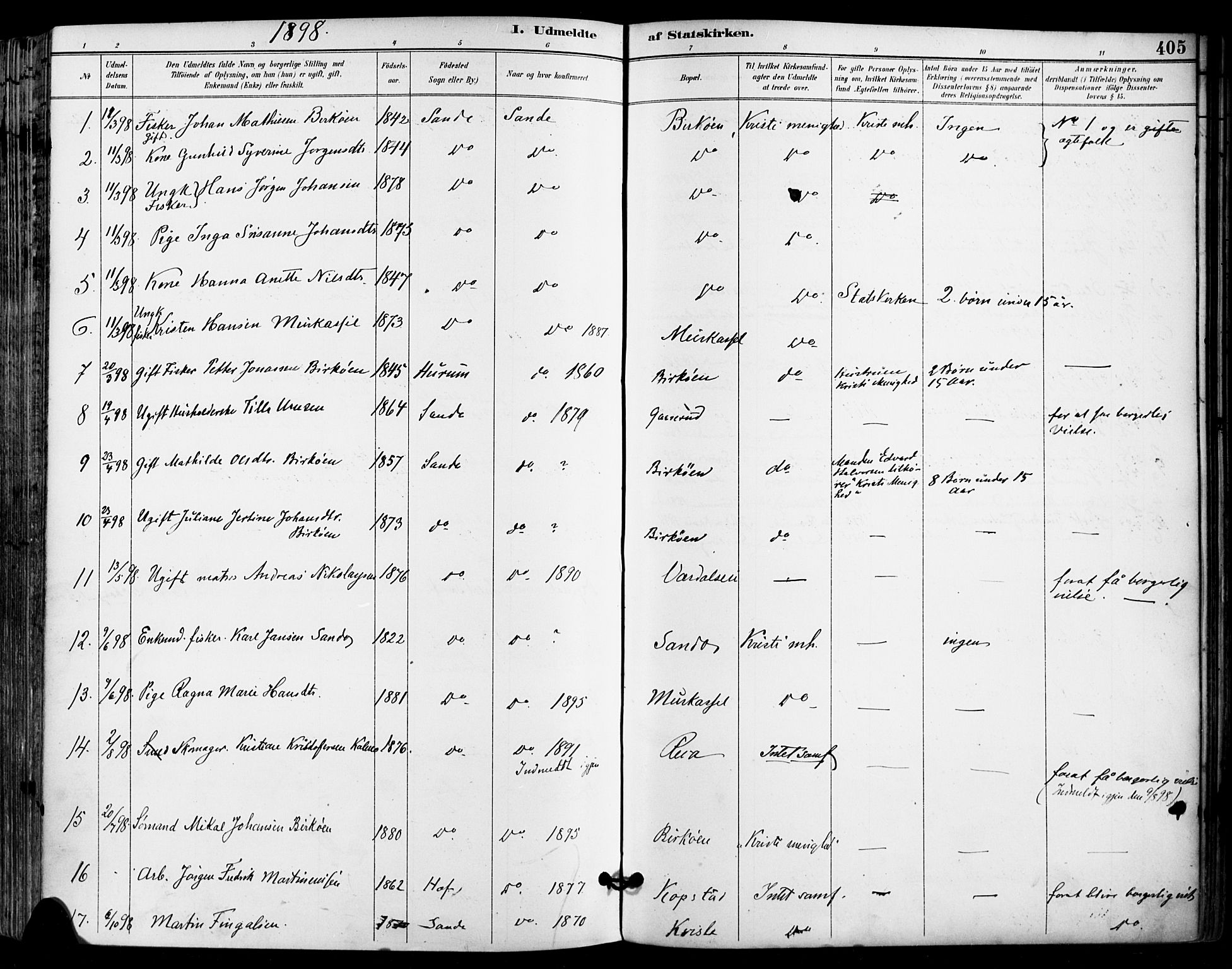 Sande Kirkebøker, SAKO/A-53/F/Fa/L0007: Parish register (official) no. 7, 1888-1903, p. 405