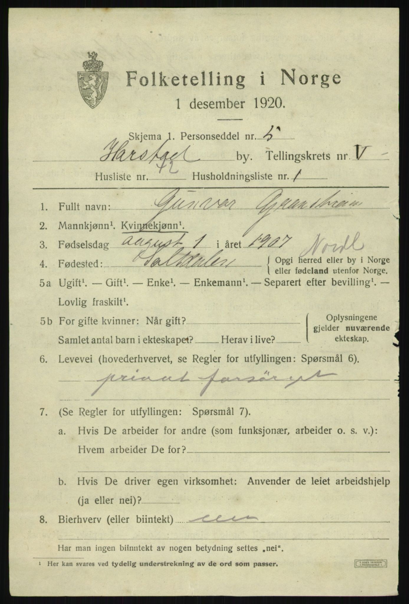 SATØ, 1920 census for Harstad, 1920, p. 7420