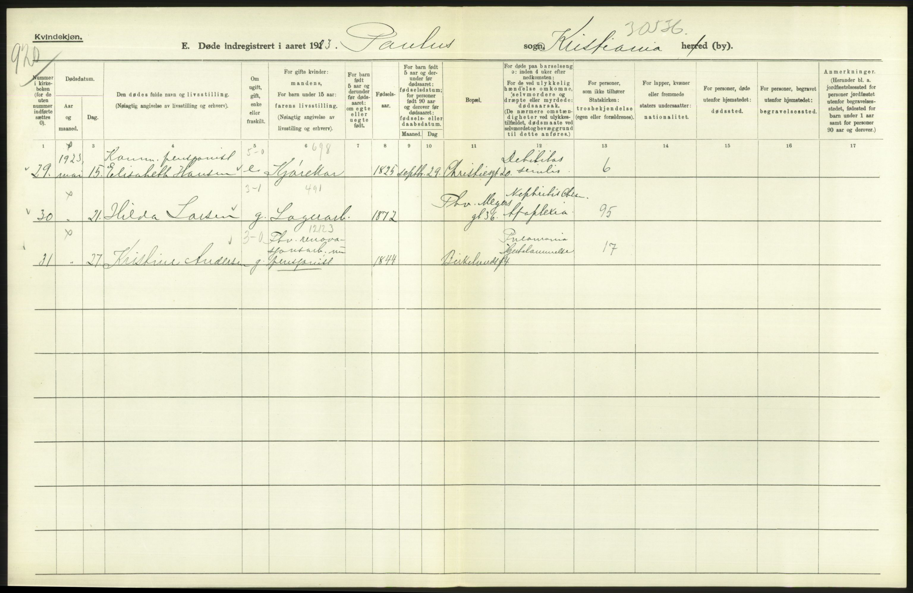 Statistisk sentralbyrå, Sosiodemografiske emner, Befolkning, AV/RA-S-2228/D/Df/Dfc/Dfcc/L0009: Kristiania: Døde, 1923, p. 484