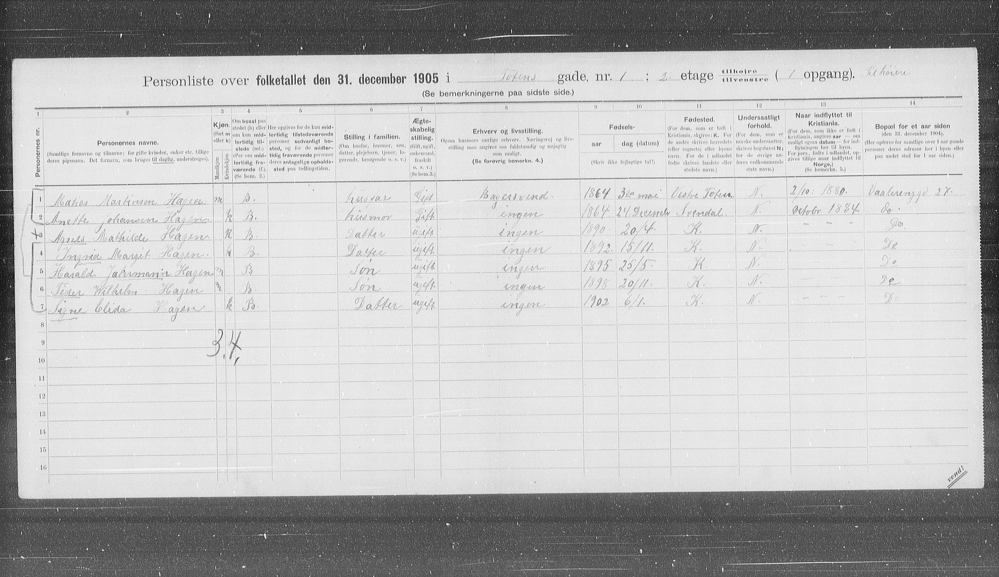 OBA, Municipal Census 1905 for Kristiania, 1905, p. 60573