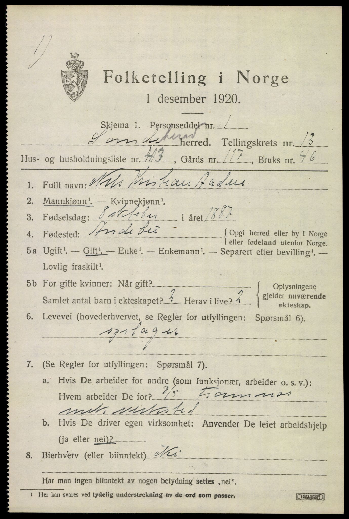 SAKO, 1920 census for Sandeherred, 1920, p. 19808