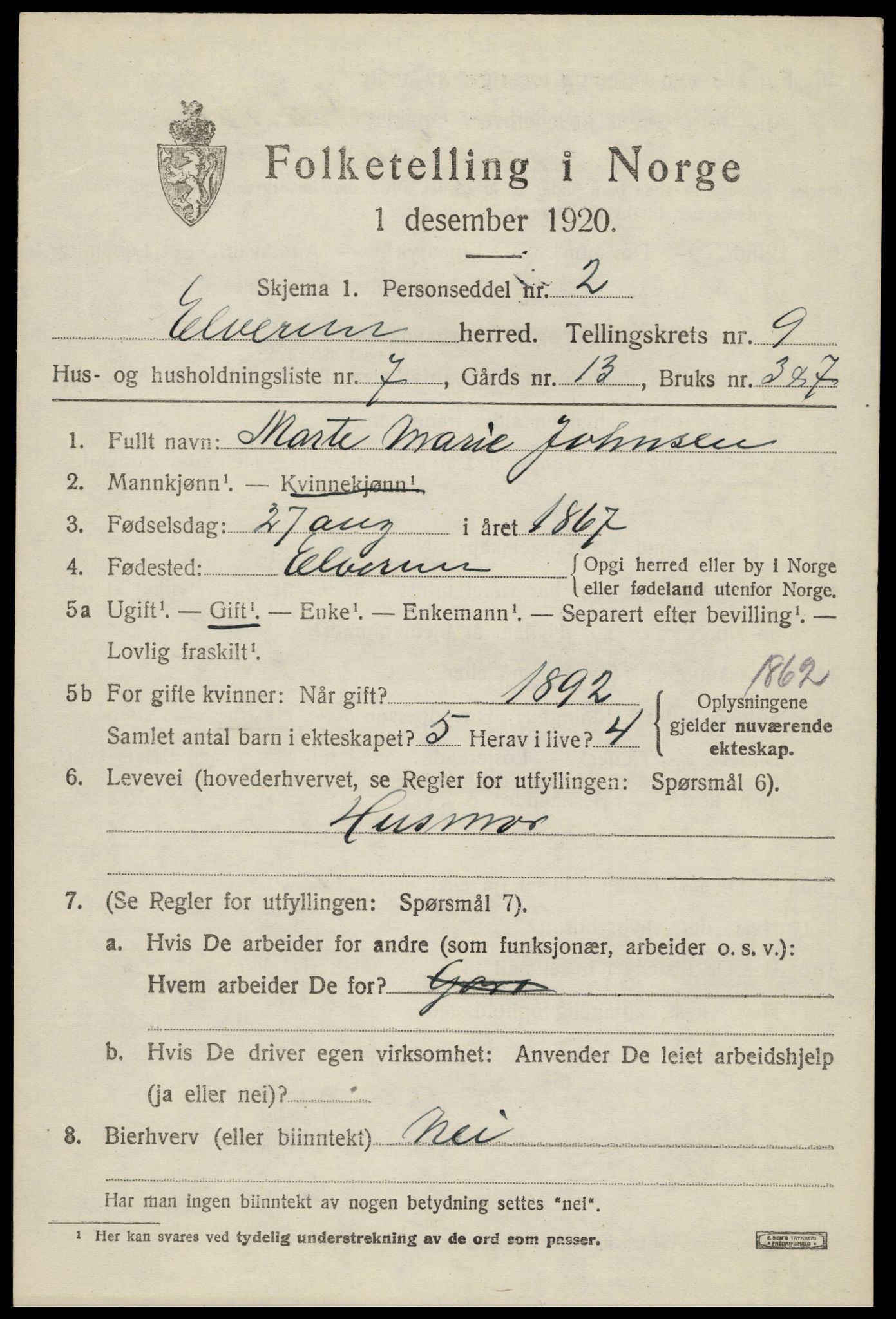 SAH, 1920 census for Elverum, 1920, p. 15632