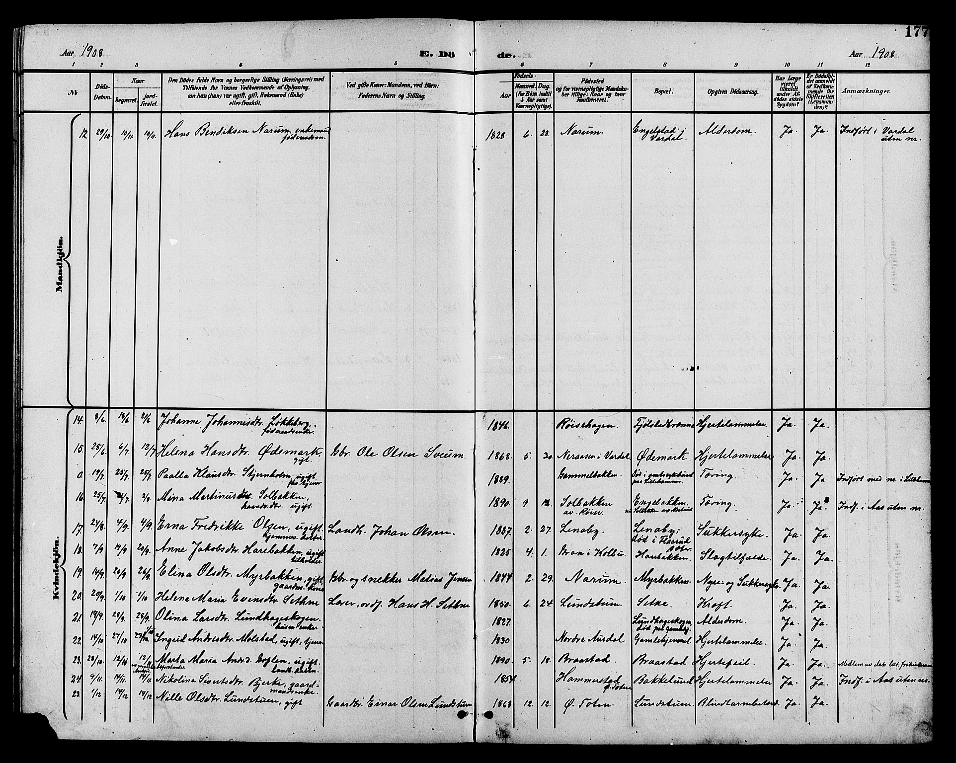 Vestre Toten prestekontor, SAH/PREST-108/H/Ha/Hab/L0011: Parish register (copy) no. 11, 1901-1911, p. 177