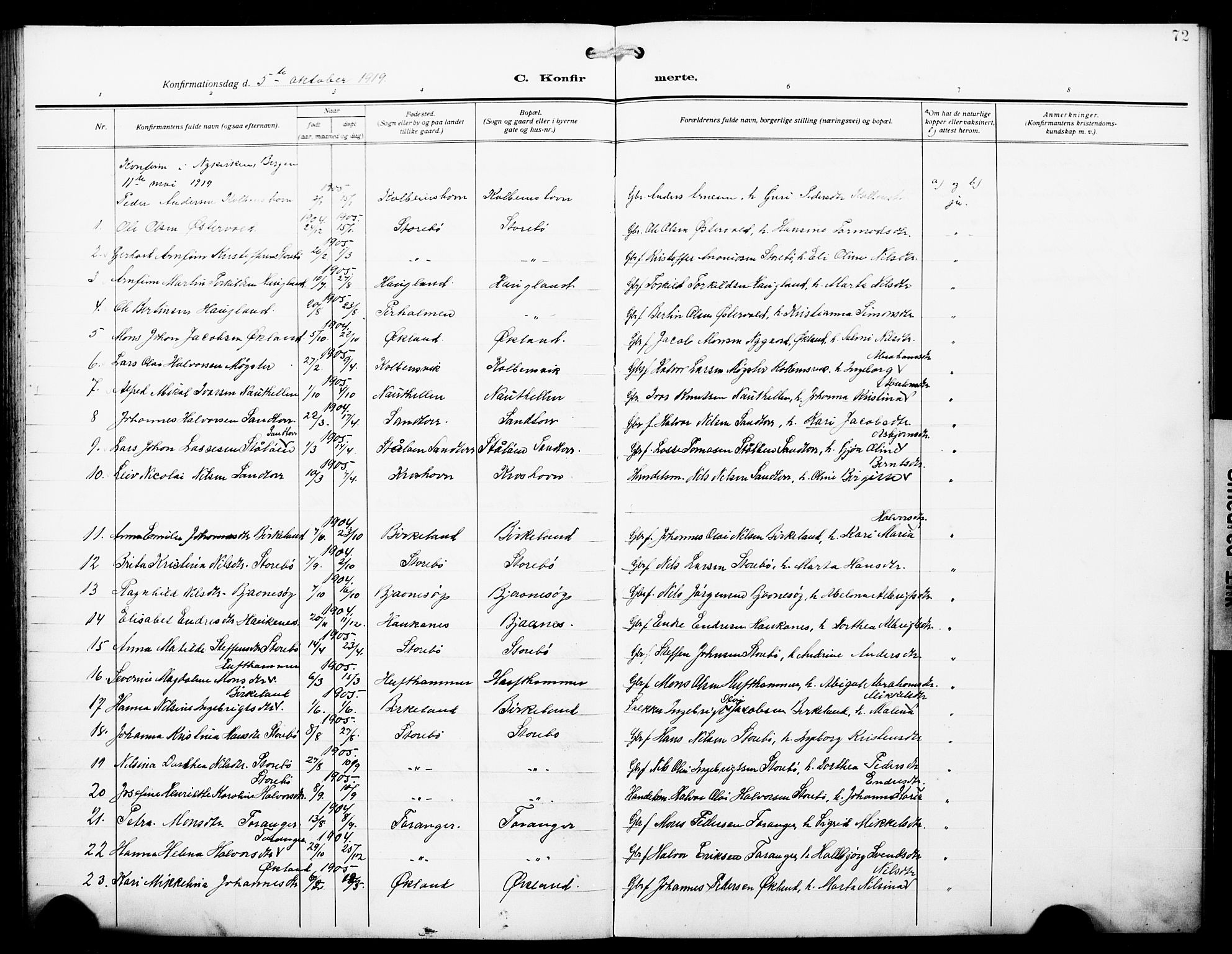 Austevoll Sokneprestembete, SAB/A-74201/H/Hab: Parish register (copy) no. A 5, 1913-1925, p. 72
