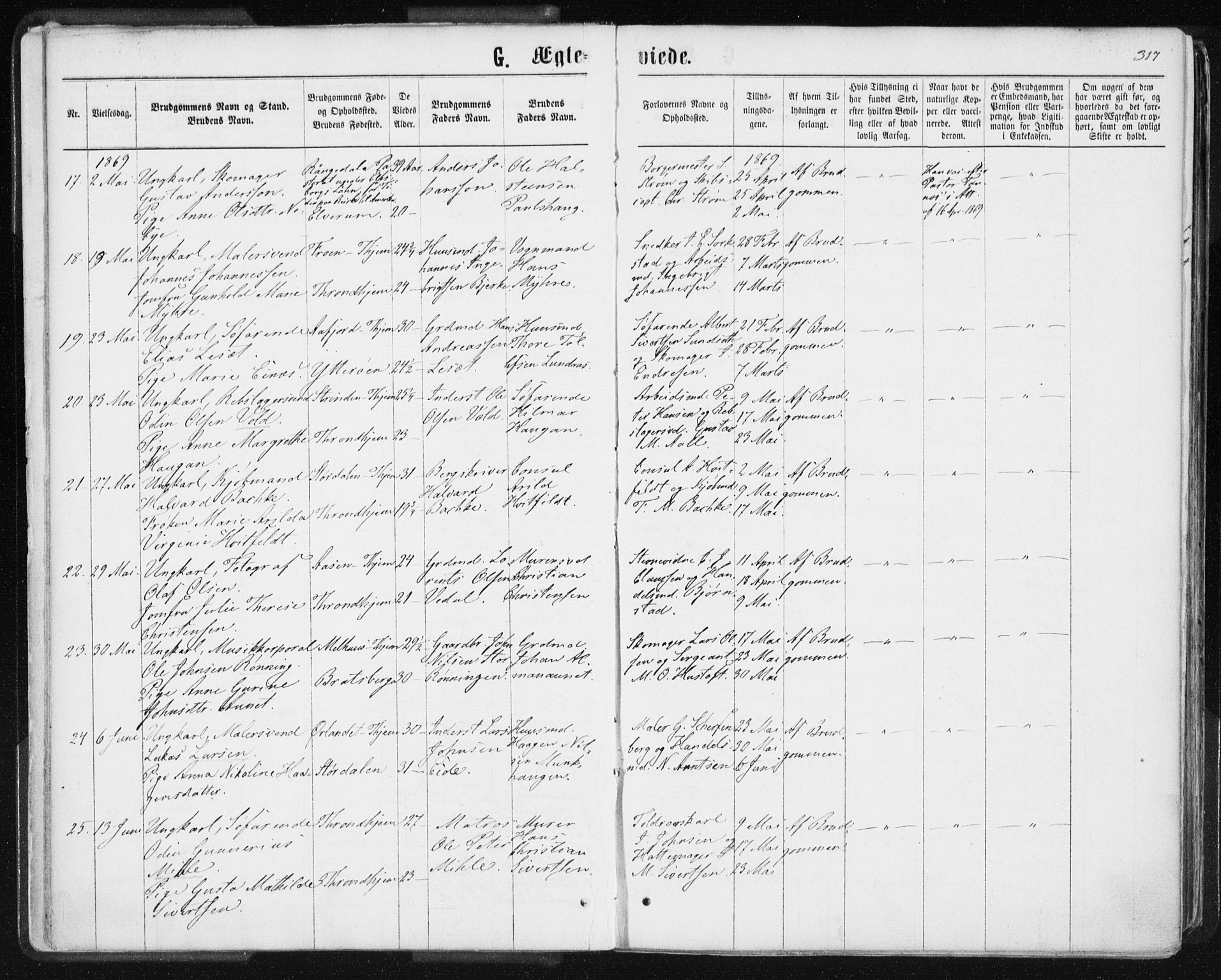 Ministerialprotokoller, klokkerbøker og fødselsregistre - Sør-Trøndelag, SAT/A-1456/601/L0055: Parish register (official) no. 601A23, 1866-1877, p. 317