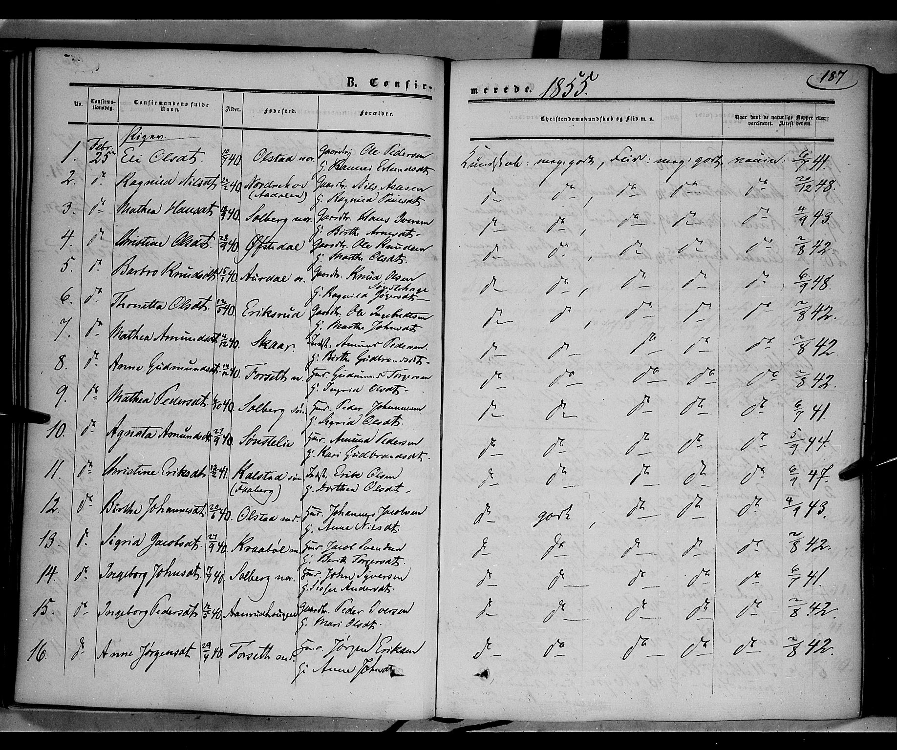Gausdal prestekontor, SAH/PREST-090/H/Ha/Haa/L0008: Parish register (official) no. 8, 1850-1861, p. 187