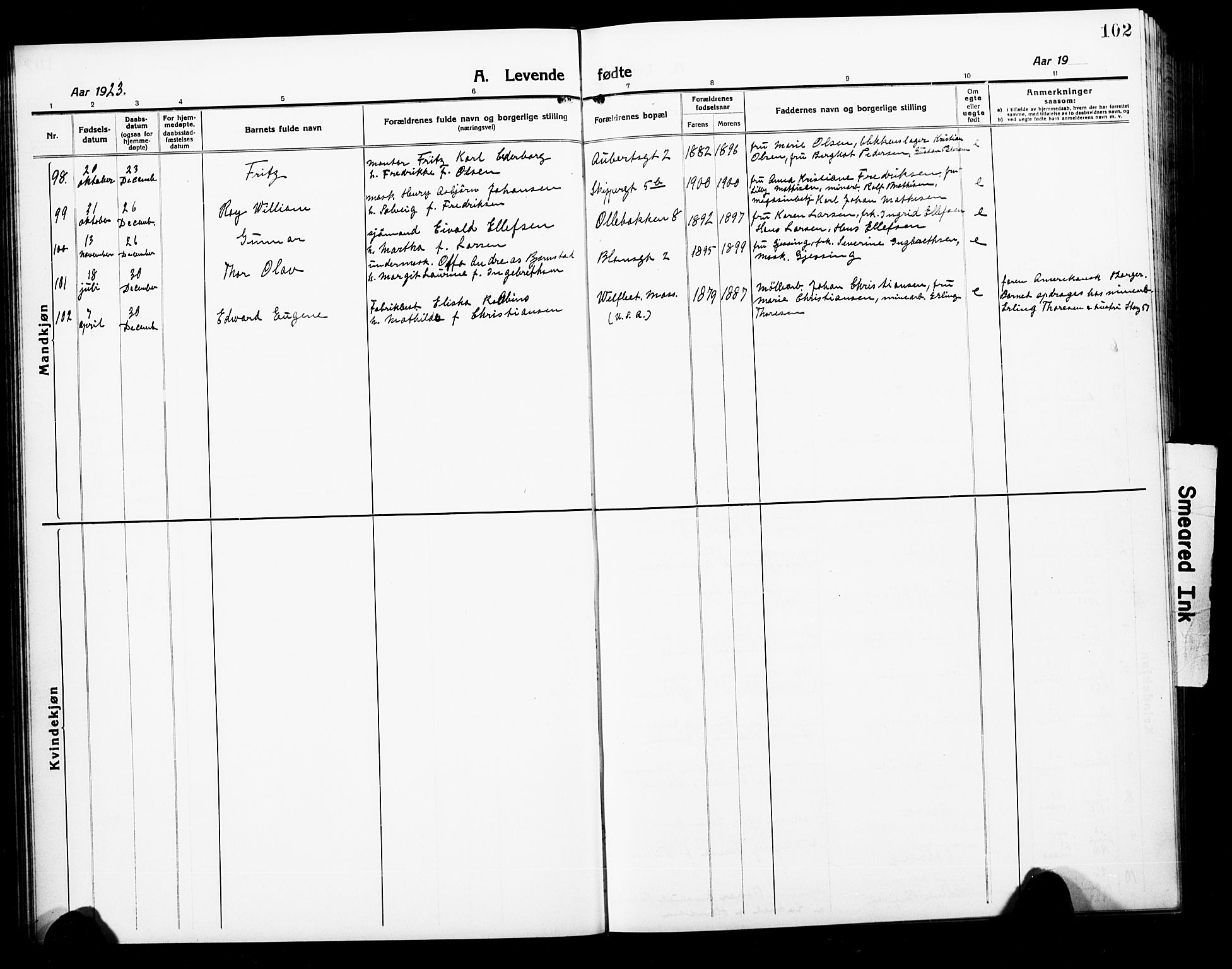 Horten kirkebøker, AV/SAKO-A-348/G/Ga/L0008: Parish register (copy) no. 8, 1916-1926, p. 102