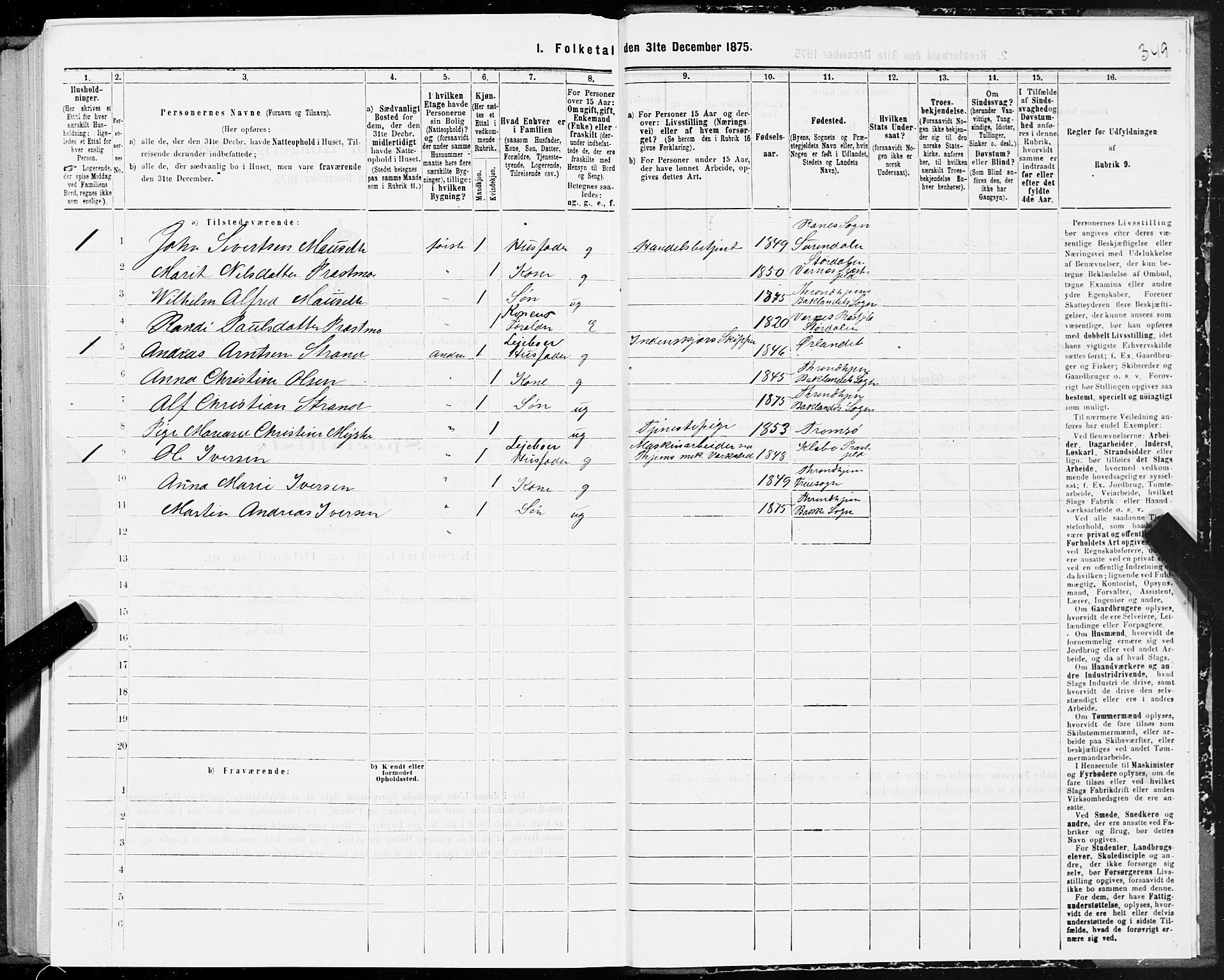 SAT, 1875 census for 1601 Trondheim, 1875, p. 10349