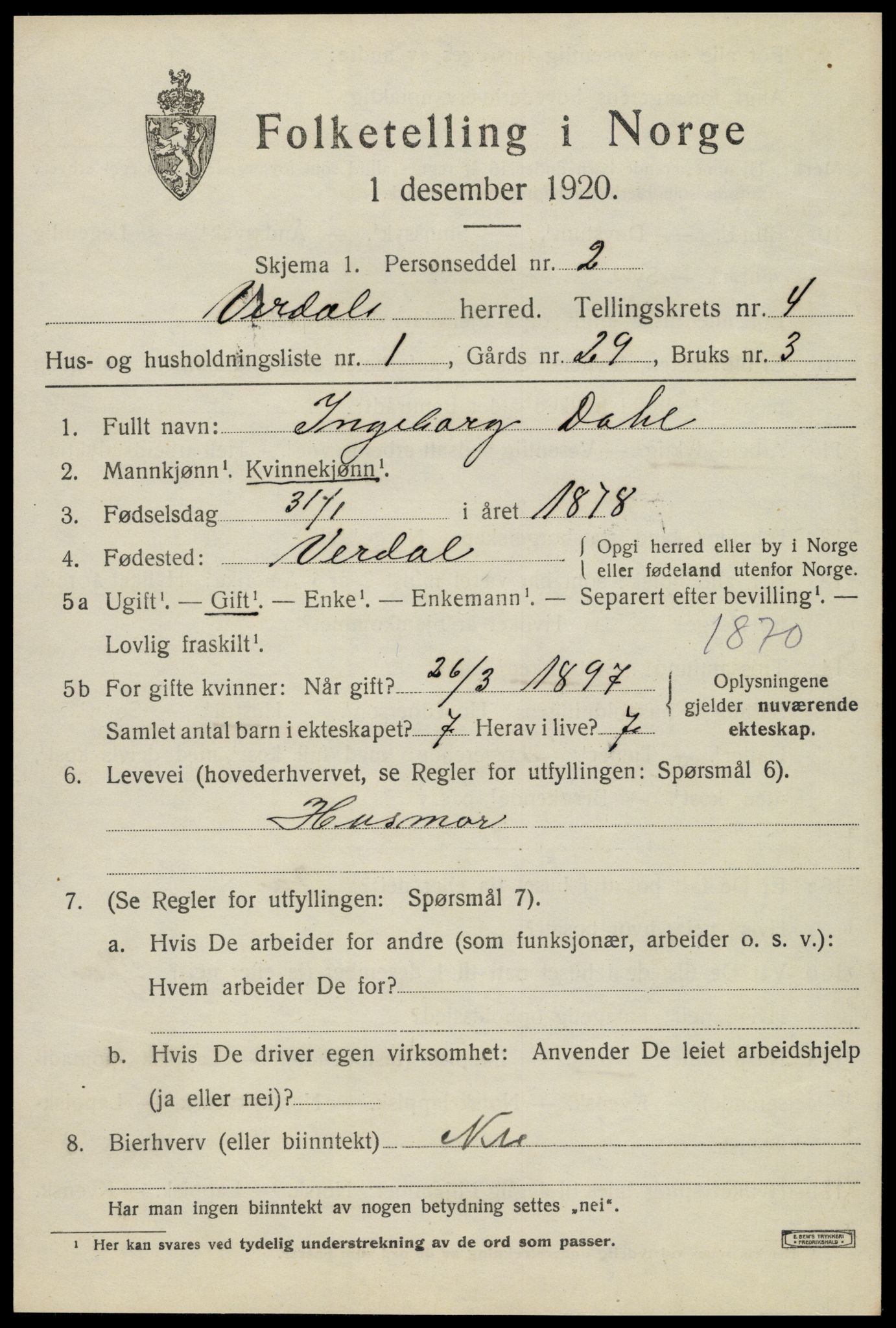 SAT, 1920 census for Verdal, 1920, p. 7585