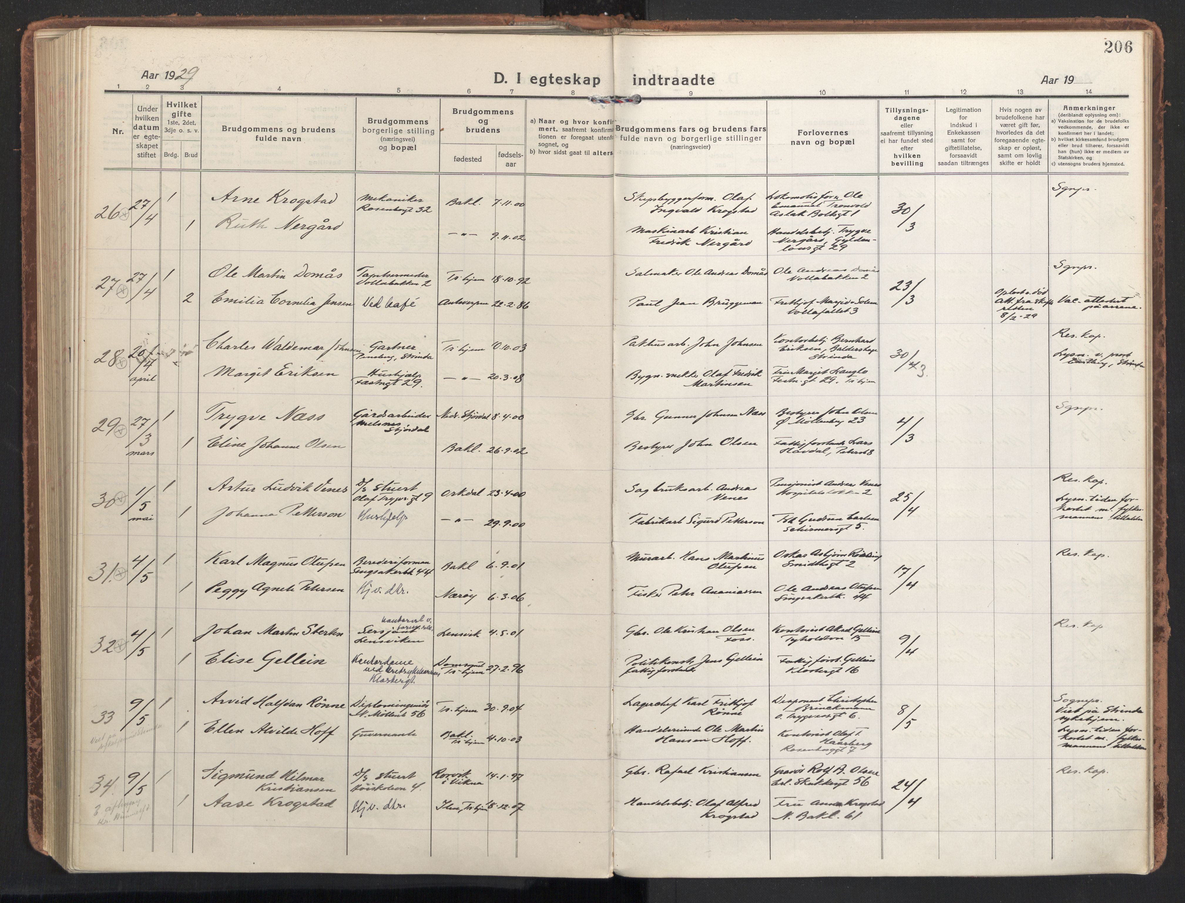 Ministerialprotokoller, klokkerbøker og fødselsregistre - Sør-Trøndelag, AV/SAT-A-1456/604/L0206: Parish register (official) no. 604A26, 1917-1931, p. 206