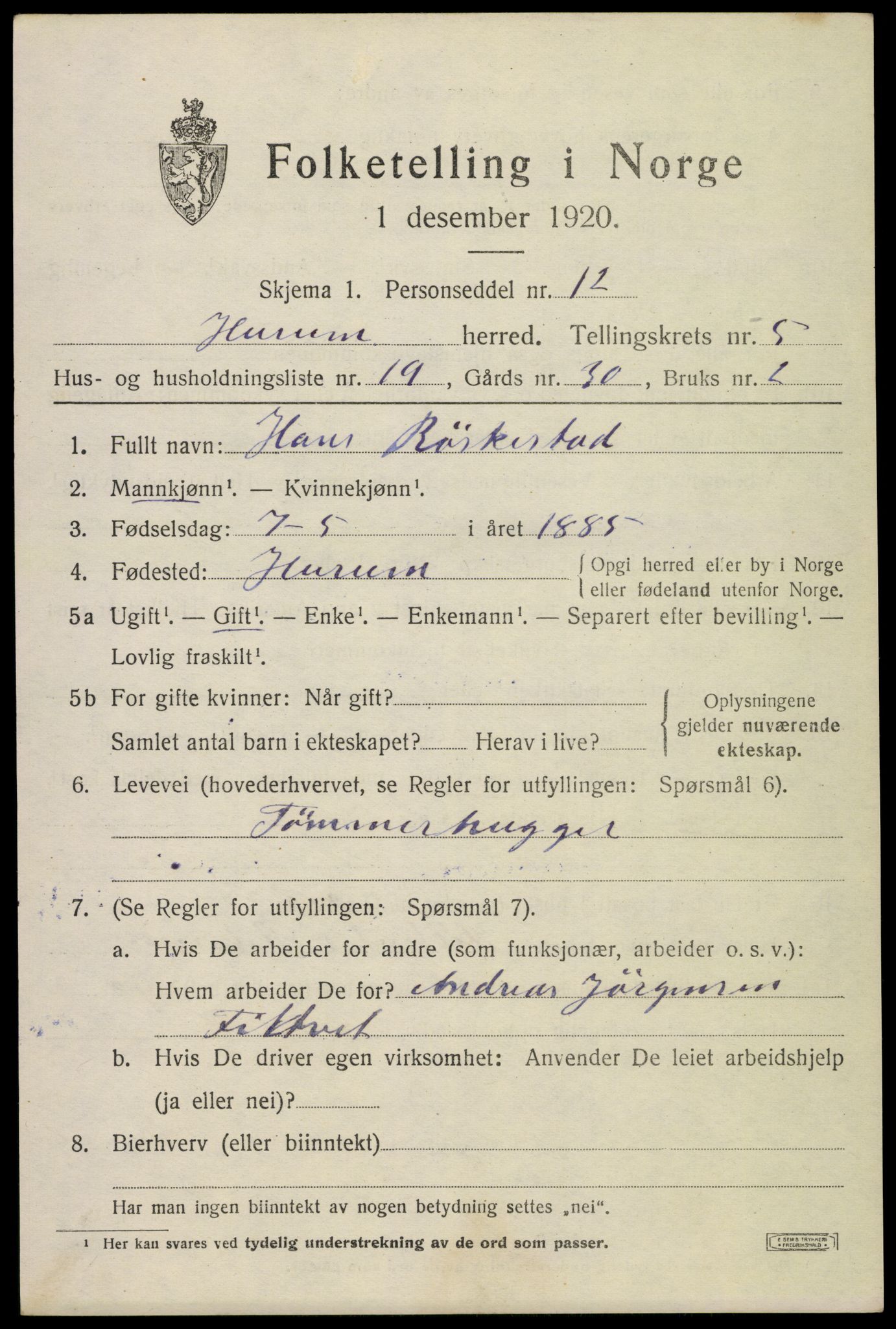 SAKO, 1920 census for Hurum, 1920, p. 6330