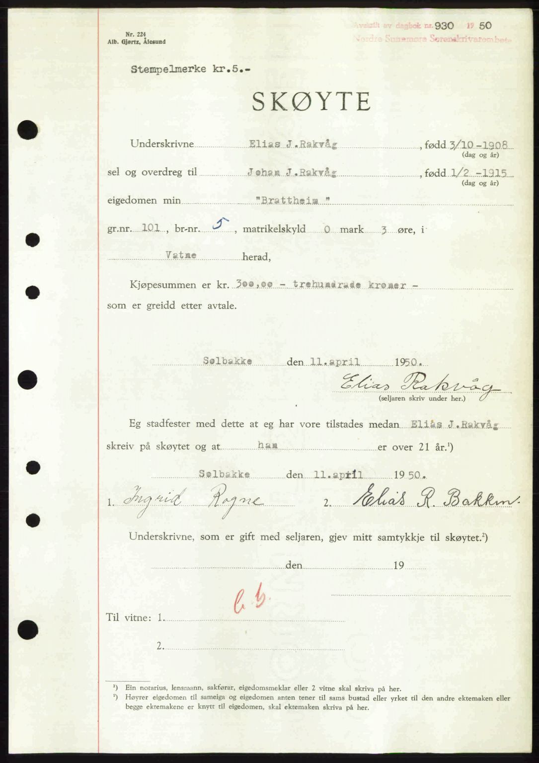 Nordre Sunnmøre sorenskriveri, AV/SAT-A-0006/1/2/2C/2Ca: Mortgage book no. A34, 1950-1950, Diary no: : 930/1950