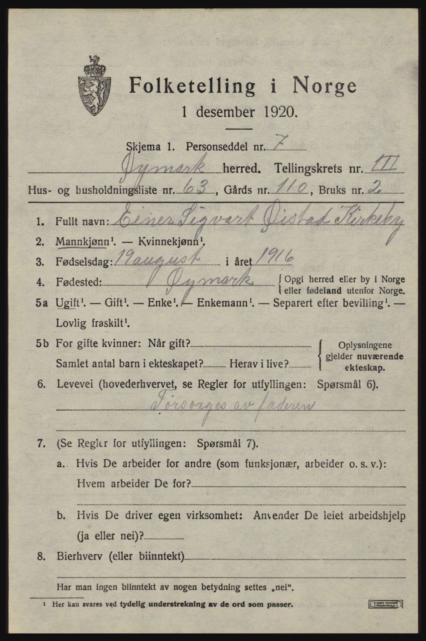 SAO, 1920 census for Øymark, 1920, p. 3077