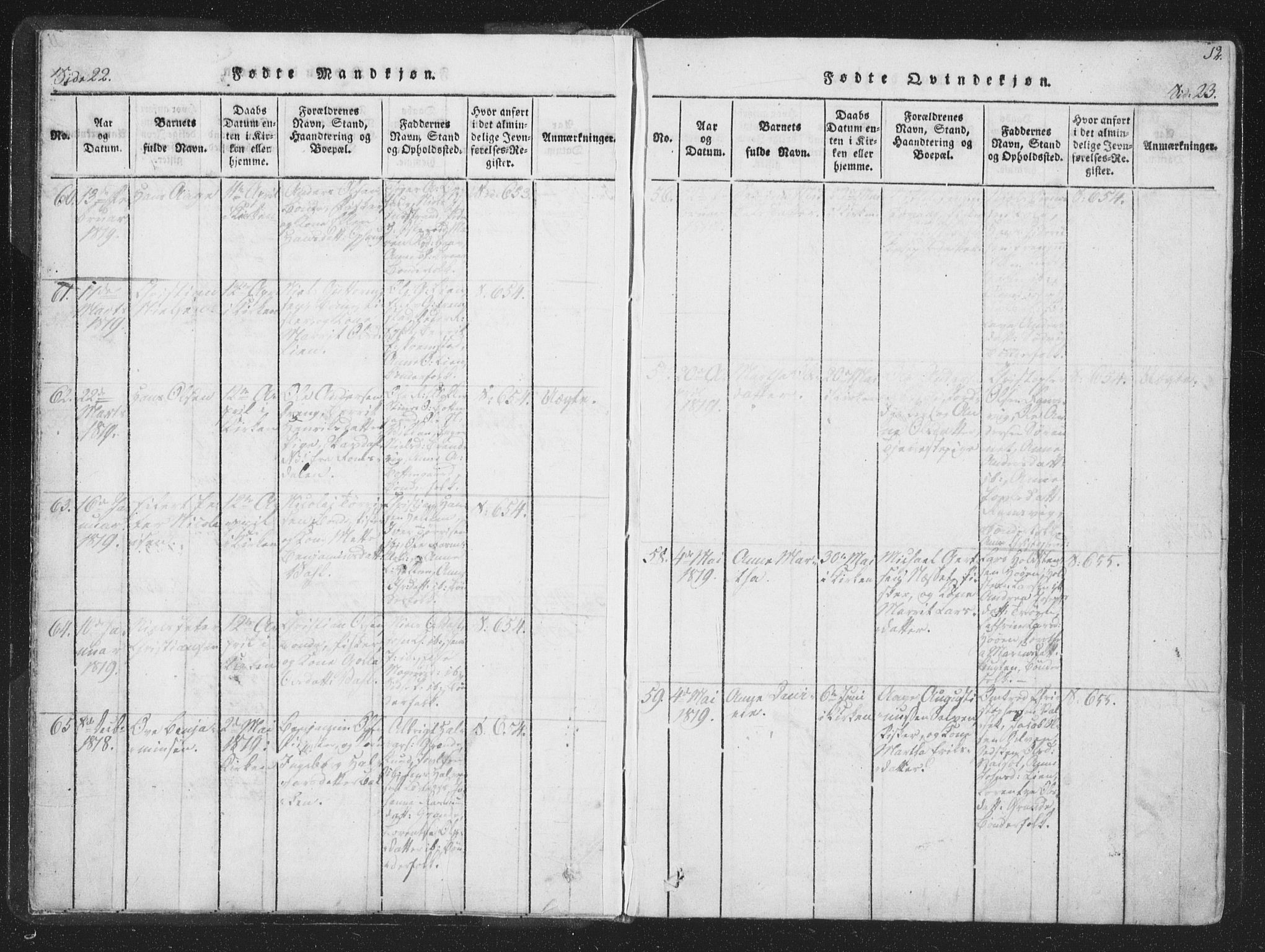 Ministerialprotokoller, klokkerbøker og fødselsregistre - Sør-Trøndelag, SAT/A-1456/659/L0734: Parish register (official) no. 659A04, 1818-1825, p. 22-23
