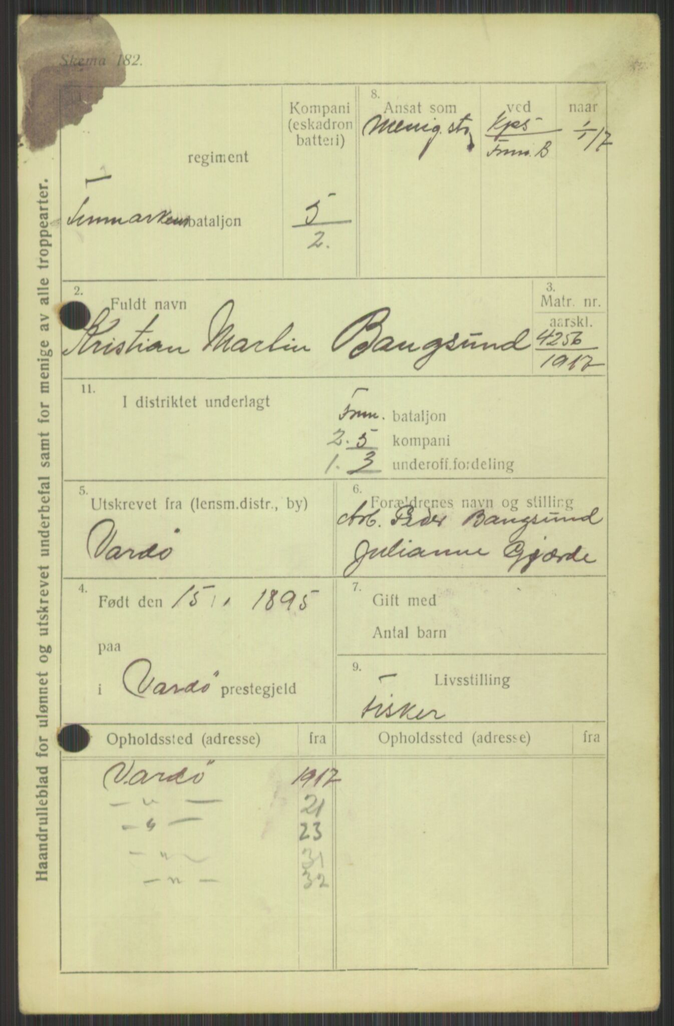 Forsvaret, Varanger bataljon, AV/RA-RAFA-2258/1/D/L0440: Rulleblad for fødte 1892-1912, 1892-1912, p. 67