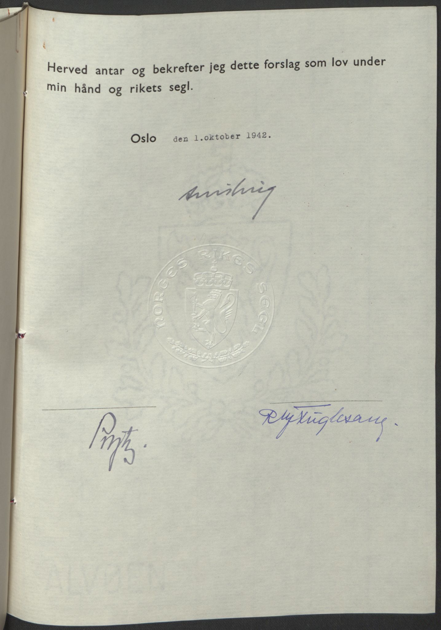 NS-administrasjonen 1940-1945 (Statsrådsekretariatet, de kommisariske statsråder mm), RA/S-4279/D/Db/L0098: Lover II, 1942, p. 399