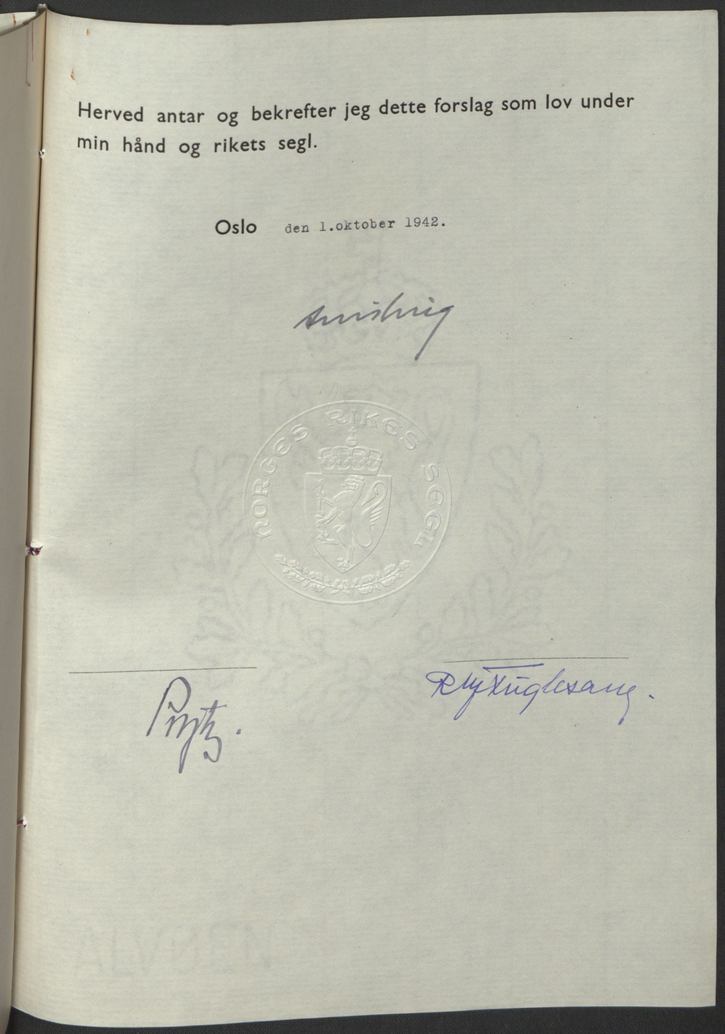 NS-administrasjonen 1940-1945 (Statsrådsekretariatet, de kommisariske statsråder mm), AV/RA-S-4279/D/Db/L0098: Lover II, 1942, p. 399