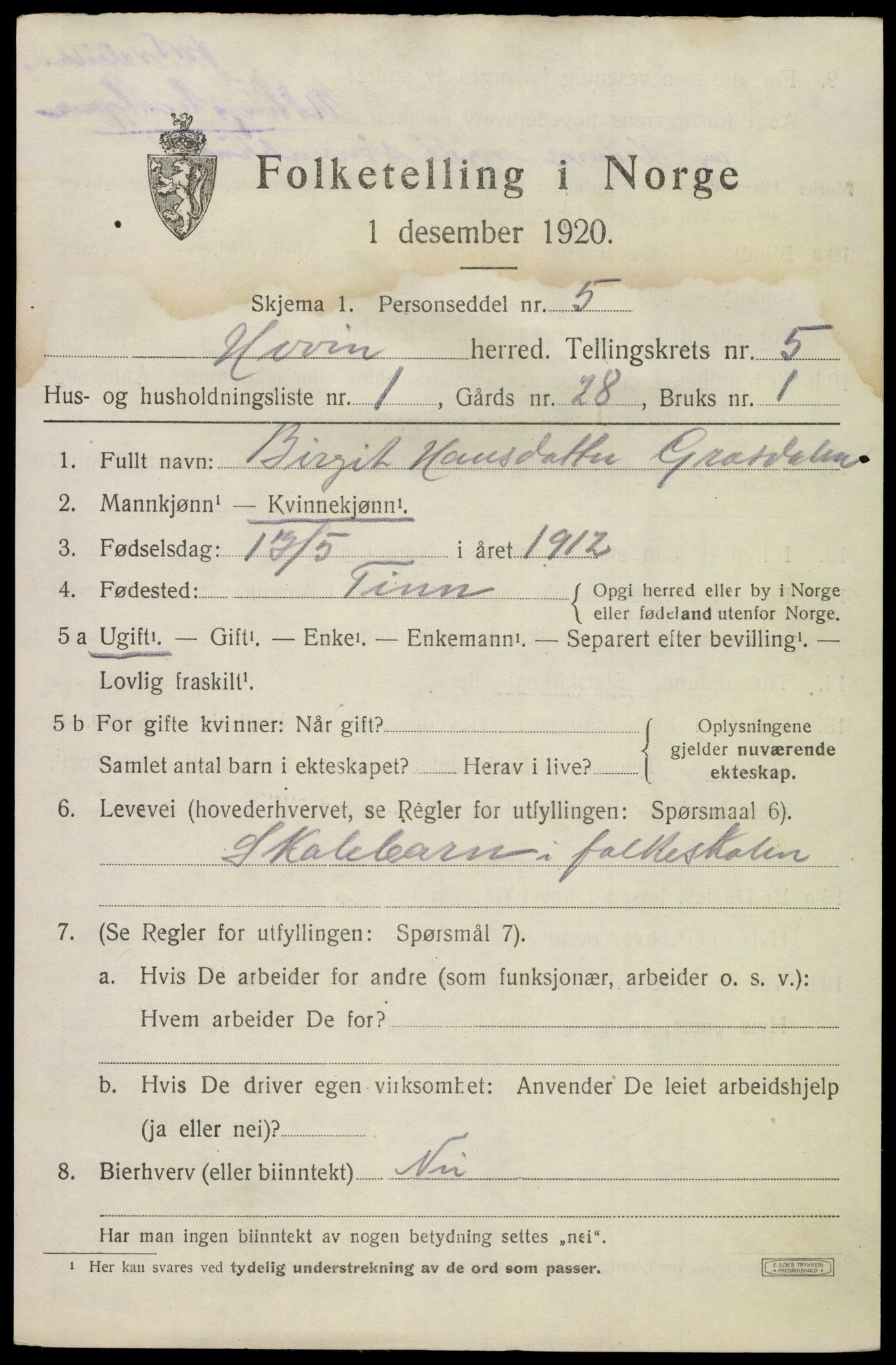 SAKO, 1920 census for Hovin, 1920, p. 1331