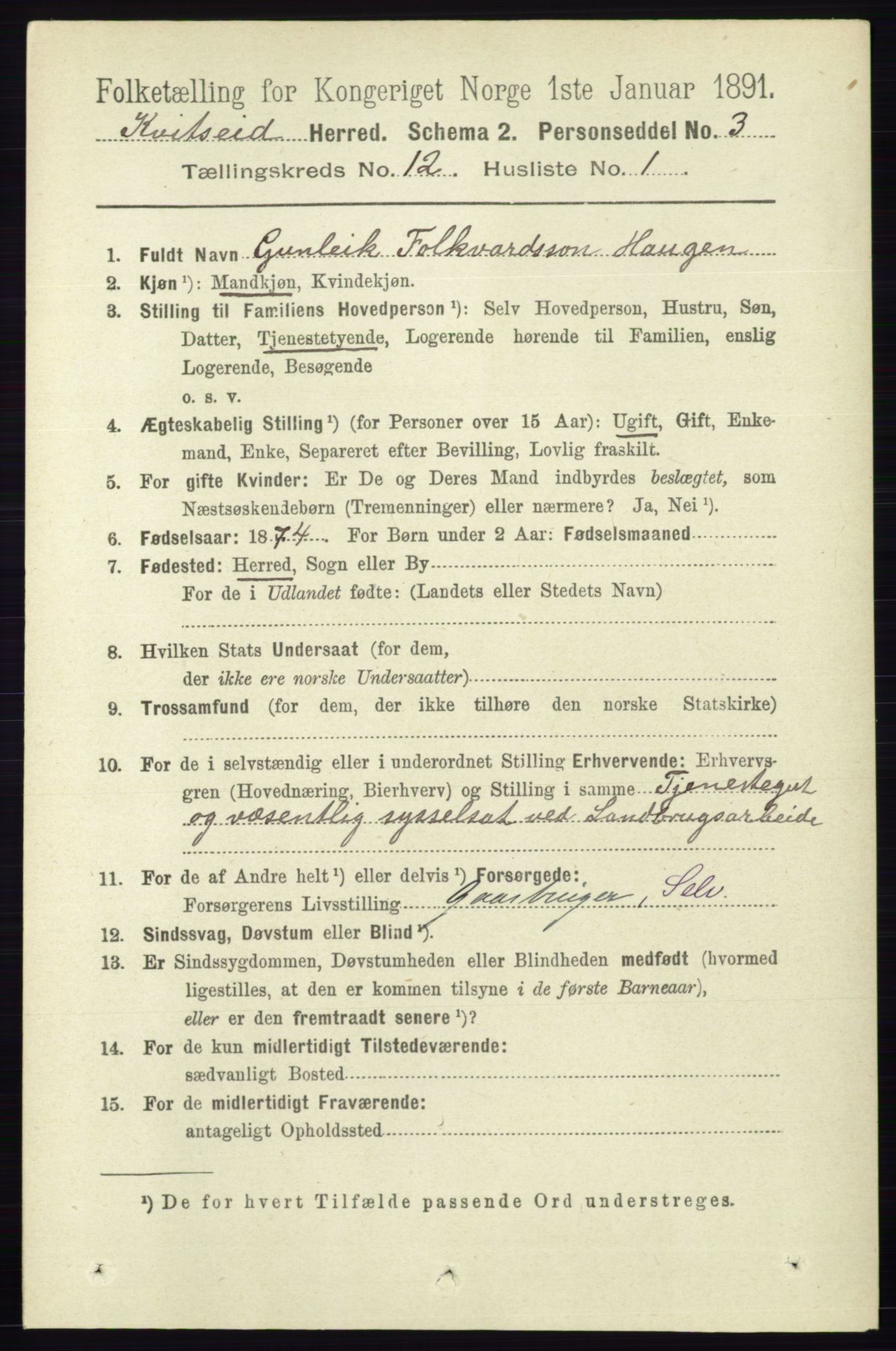 RA, 1891 census for 0829 Kviteseid, 1891, p. 2844