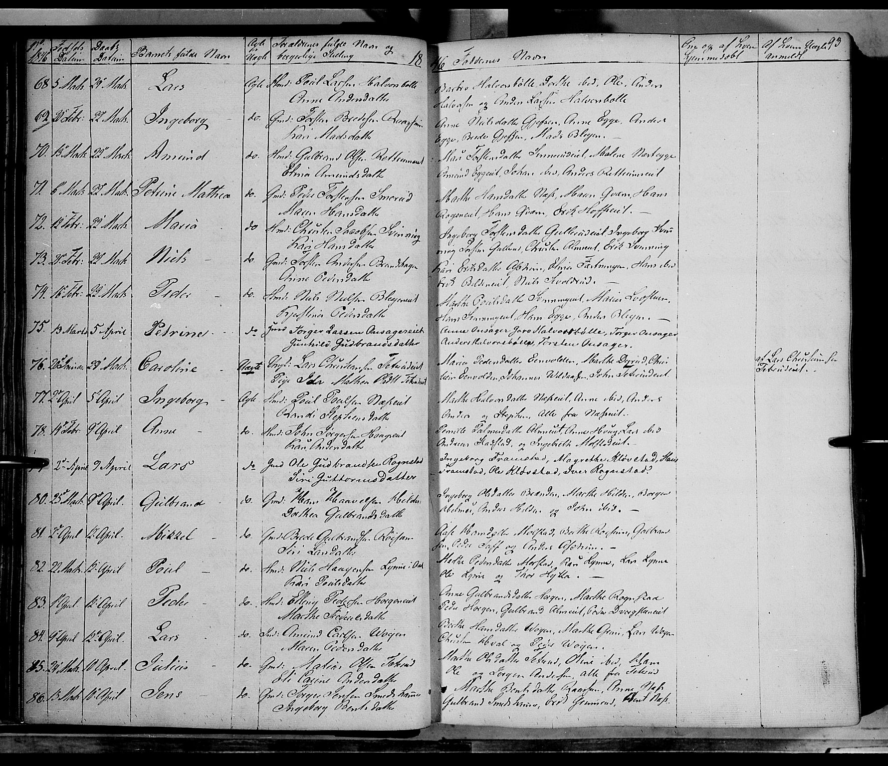 Gran prestekontor, SAH/PREST-112/H/Ha/Haa/L0011: Parish register (official) no. 11, 1842-1856, p. 92-93