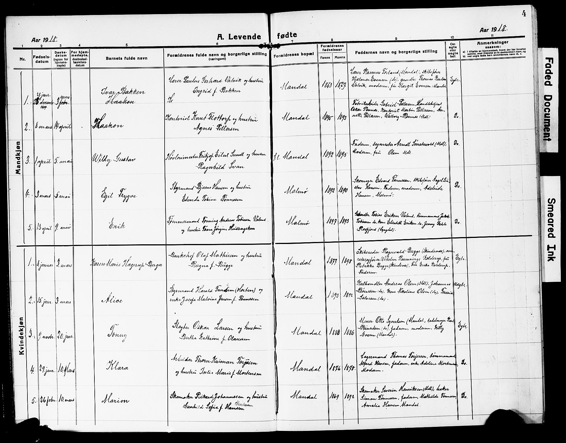 Mandal sokneprestkontor, SAK/1111-0030/F/Fb/Fbc/L0001: Parish register (copy) no. B 1, 1918-1931, p. 4