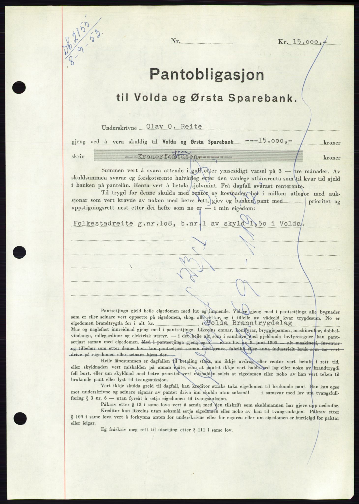 Søre Sunnmøre sorenskriveri, AV/SAT-A-4122/1/2/2C/L0123: Mortgage book no. 11B, 1953-1953, Diary no: : 2155/1953