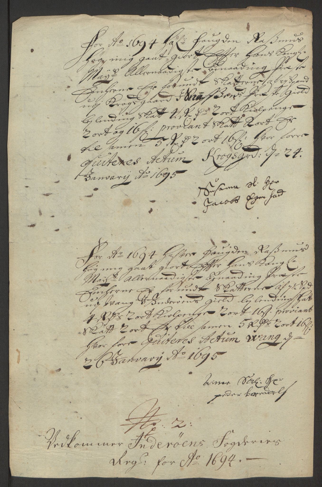 Rentekammeret inntil 1814, Reviderte regnskaper, Fogderegnskap, RA/EA-4092/R63/L4308: Fogderegnskap Inderøy, 1692-1694, p. 616