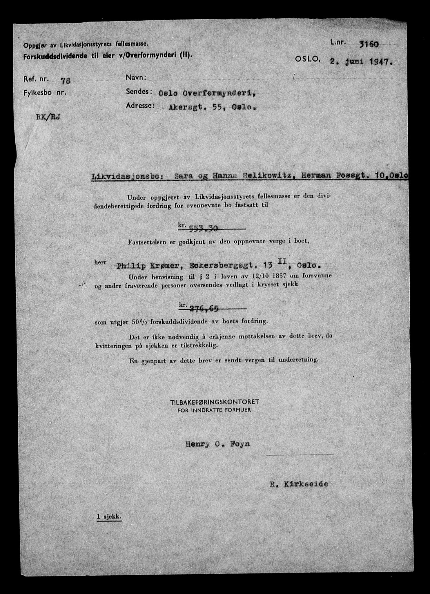 Justisdepartementet, Tilbakeføringskontoret for inndratte formuer, AV/RA-S-1564/H/Hc/Hcc/L0981: --, 1945-1947, p. 158