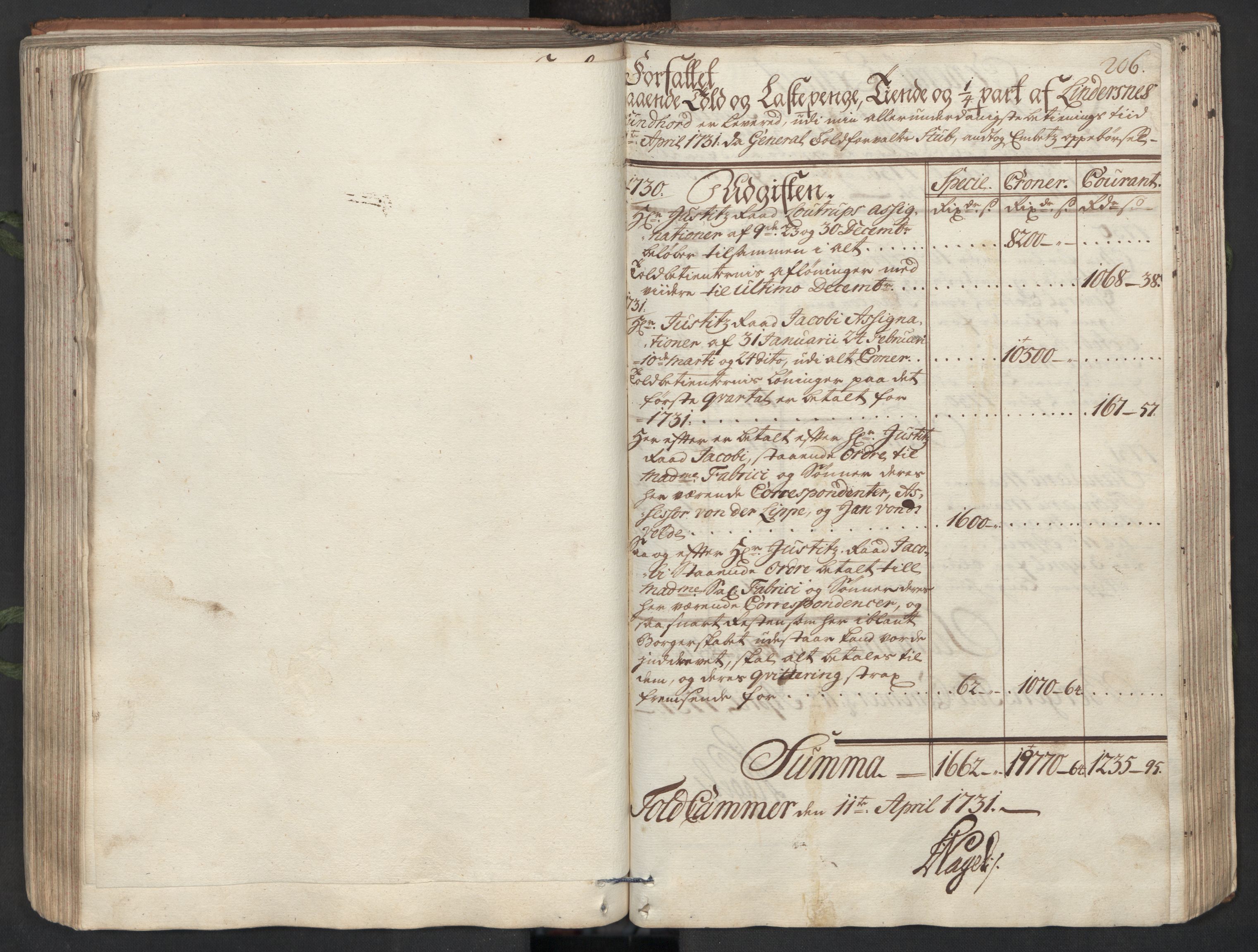 Generaltollkammeret, tollregnskaper, AV/RA-EA-5490/R26/L0017/0001: Tollregnskaper Bergen A / Utgående hovedtollbok, 1731, p. 205b-206a