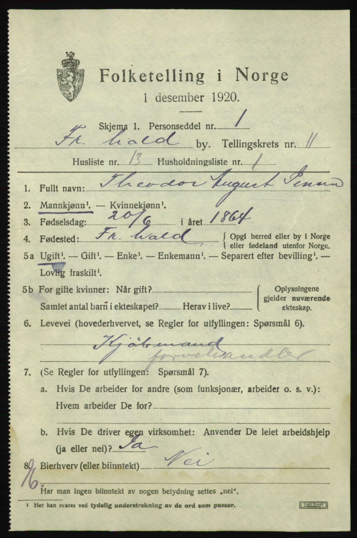 SAO, 1920 census for Fredrikshald, 1920, p. 19061