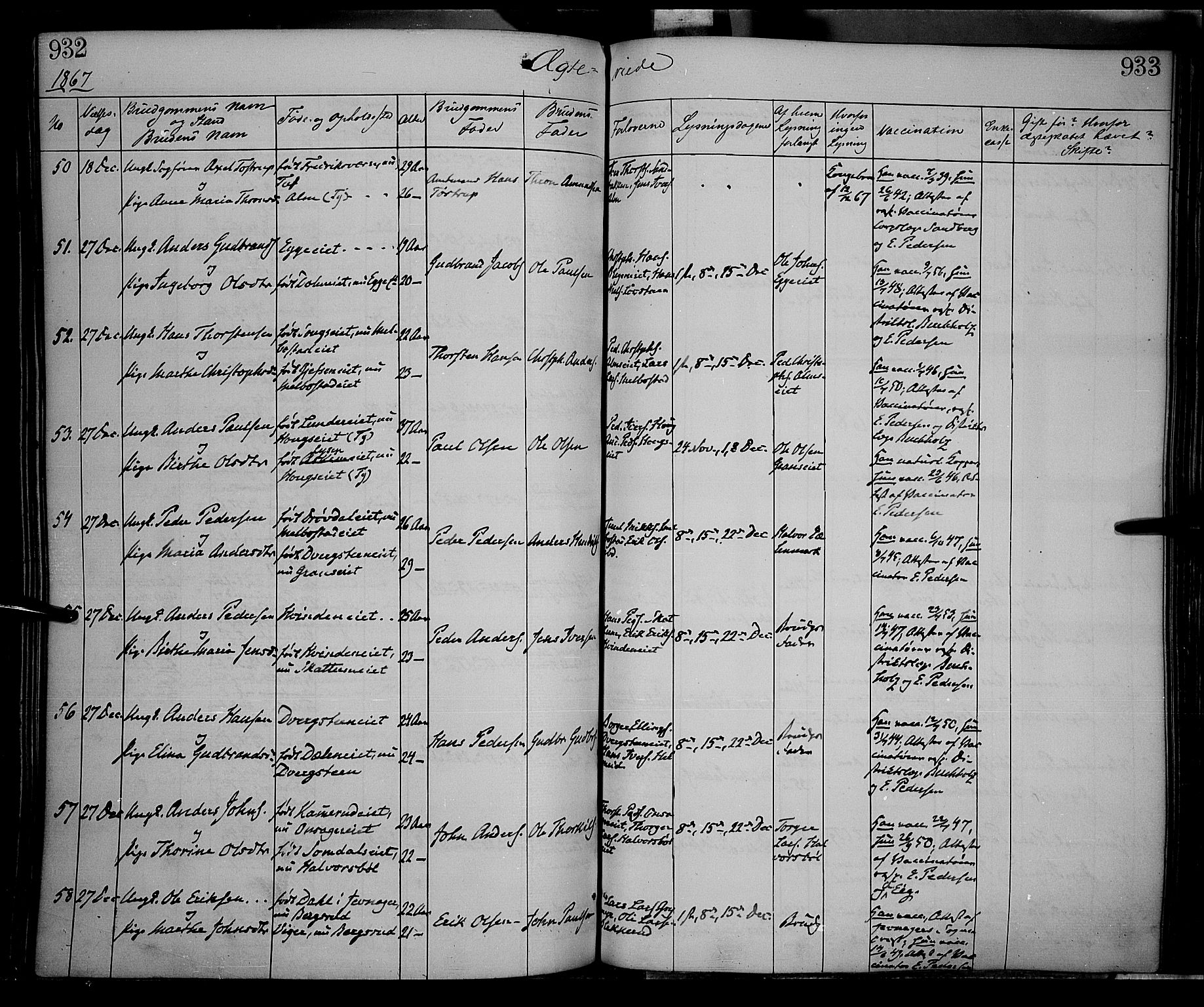 Gran prestekontor, SAH/PREST-112/H/Ha/Haa/L0012: Parish register (official) no. 12, 1856-1874, p. 932-933