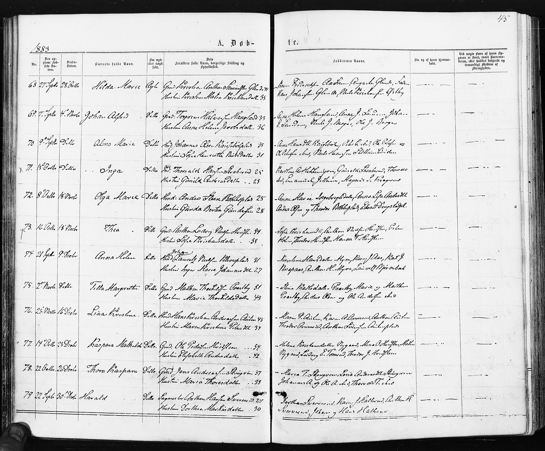 Spydeberg prestekontor Kirkebøker, AV/SAO-A-10924/F/Fa/L0007: Parish register (official) no. I 7, 1875-1885, p. 45