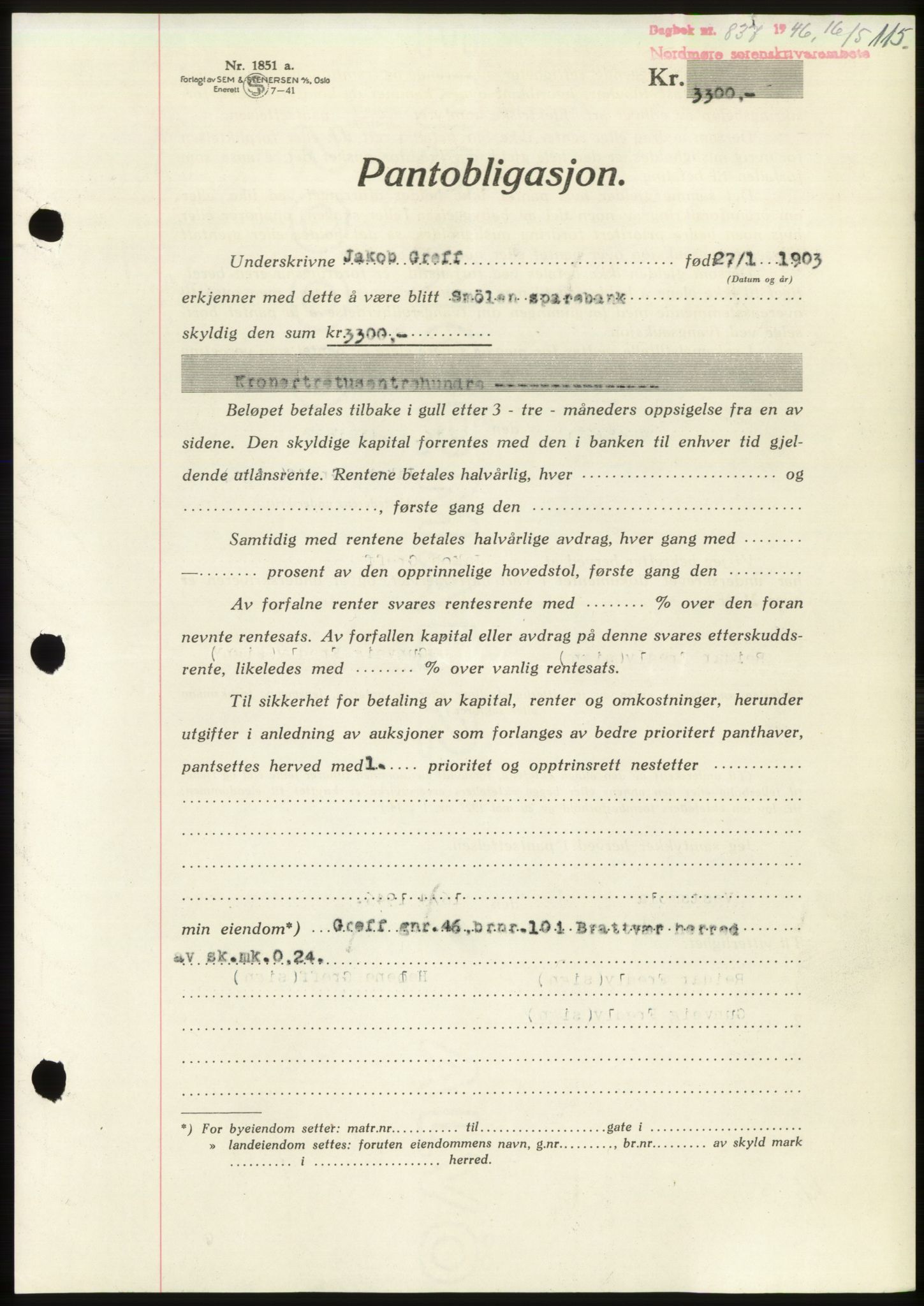 Nordmøre sorenskriveri, AV/SAT-A-4132/1/2/2Ca: Mortgage book no. B94, 1946-1946, Diary no: : 837/1946