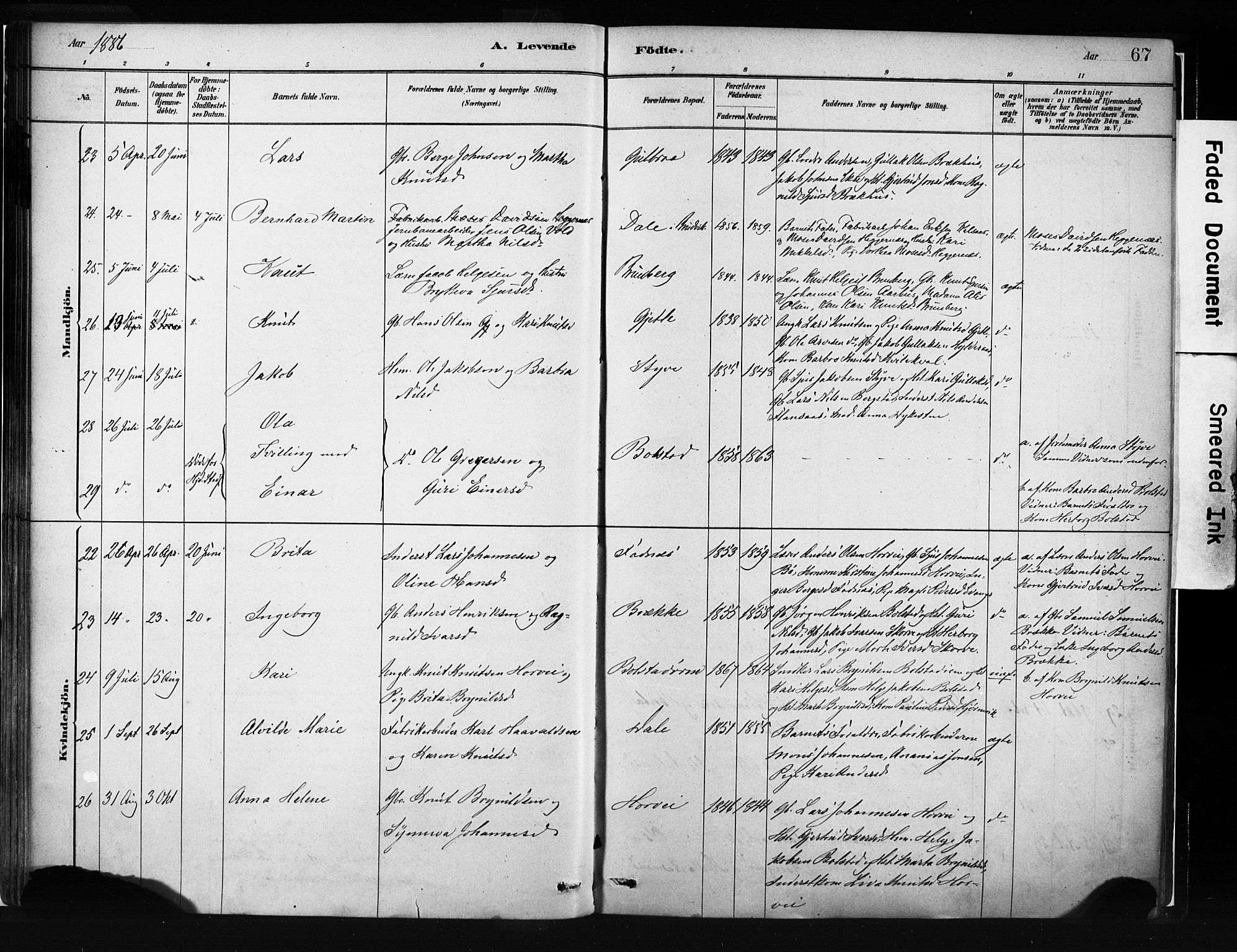 Evanger sokneprestembete, AV/SAB-A-99924: Parish register (official) no. A 1, 1877-1899, p. 67